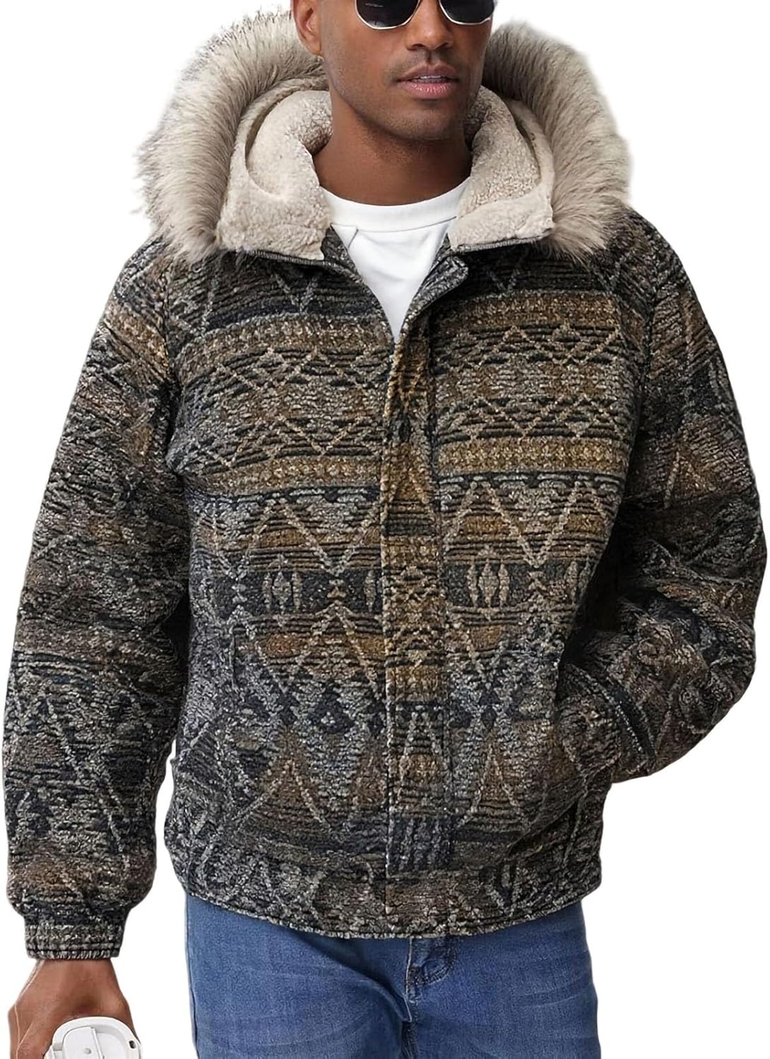 Cambkatl Men's Vintage Aztec Jackets with Big Fur Hood, Stand Collar Thicken Warm Winter Insulated Coats with Pockets