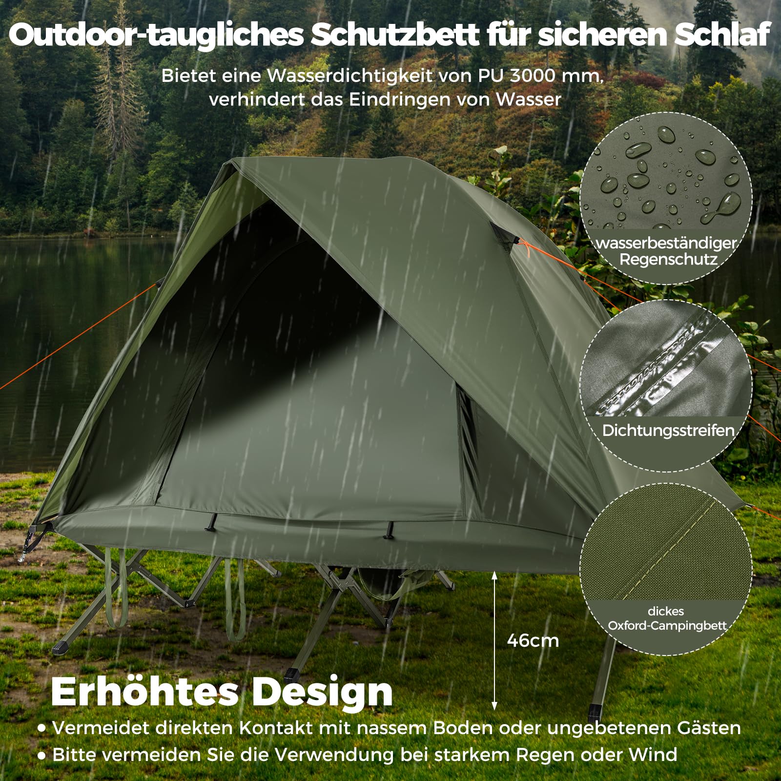 COSTWAY Feldbett mit Zelt für 2 Personen, Campingbett mit Regenschutz, 2 Netztüren, Dachfenster & Rolltasche, Campingliege, 300 kg Tragkraft, 194 x 145 x 150 cm