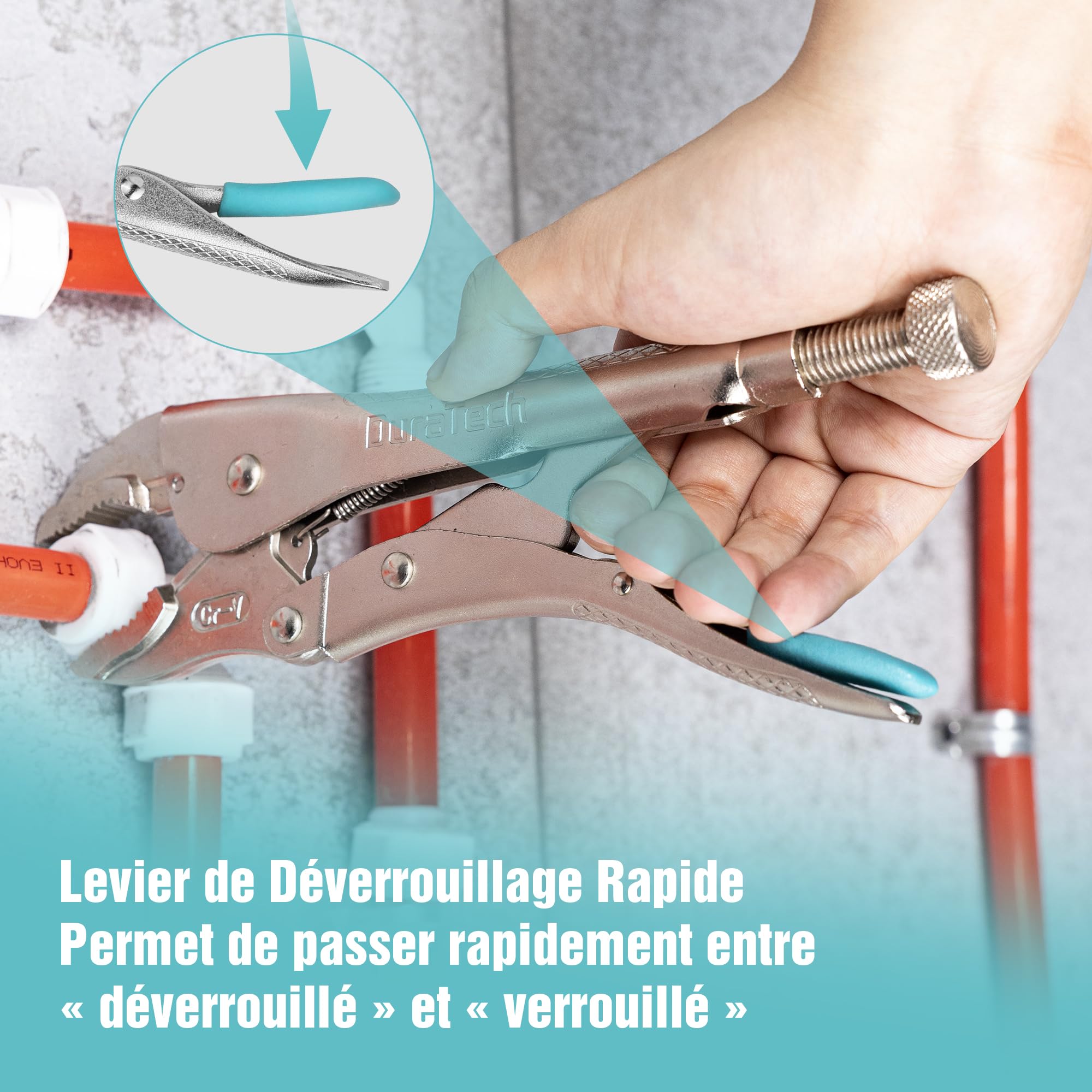 DURATECH Jeu de 6 Pinces-Étaux avec 2 Becs Longs de 16,5 cm et 24 cm, 3 Mâchoires Courbes de 12,7 cm, 17,8 cm et 25,4 cm et 1 C-clamp de 15 cm, Étui Roulable Pratique pour Bricolage et Réparation