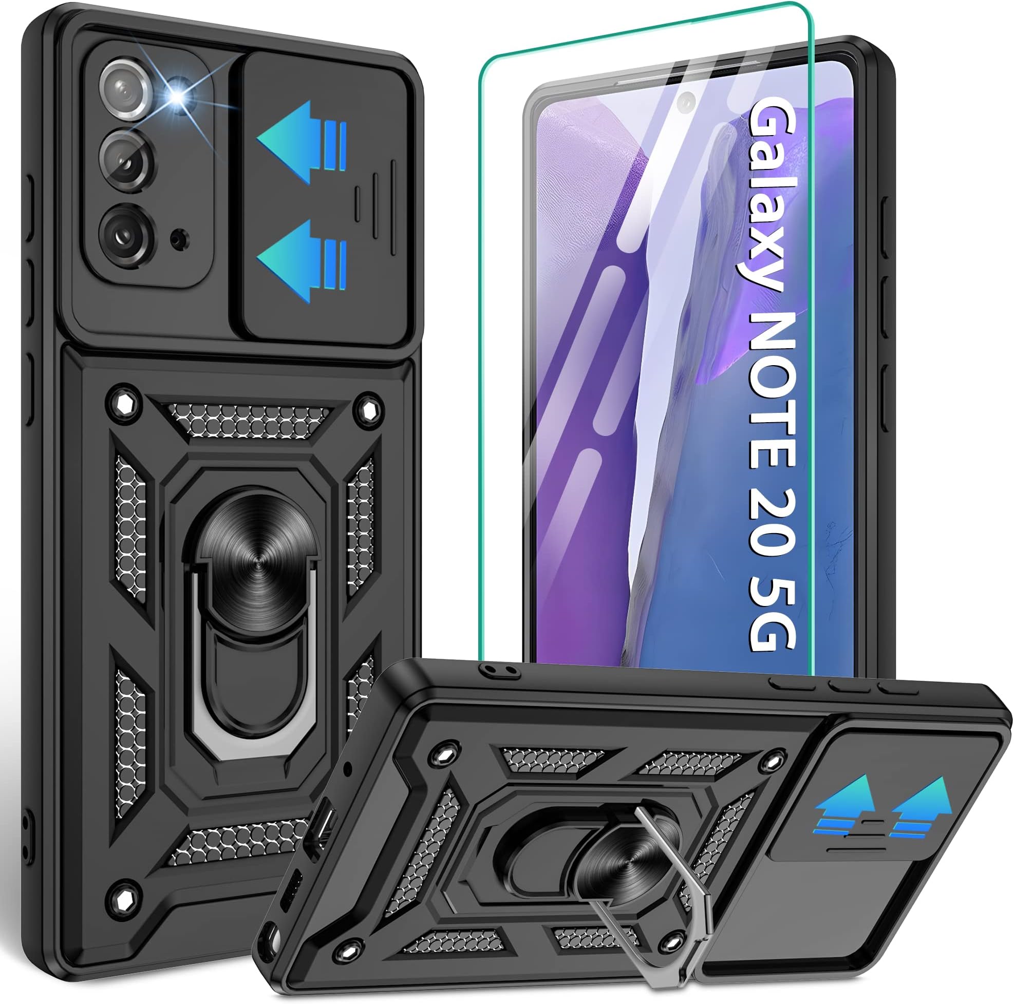 Gritup for Samsung Galaxy Note-20 Case with Slide Camera Cover & [HD Screen Protector×2],360°Rotation Ring Kickstand [Military Grade],Cover for Samsung Note 20,Black