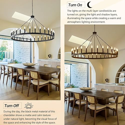 Vista 18 de Candelabro de iluminación de rueda de carro, 6 luces con pantalla de vidrio semillado, lámpara redonda de madera para cocina, isla de vestíbulo