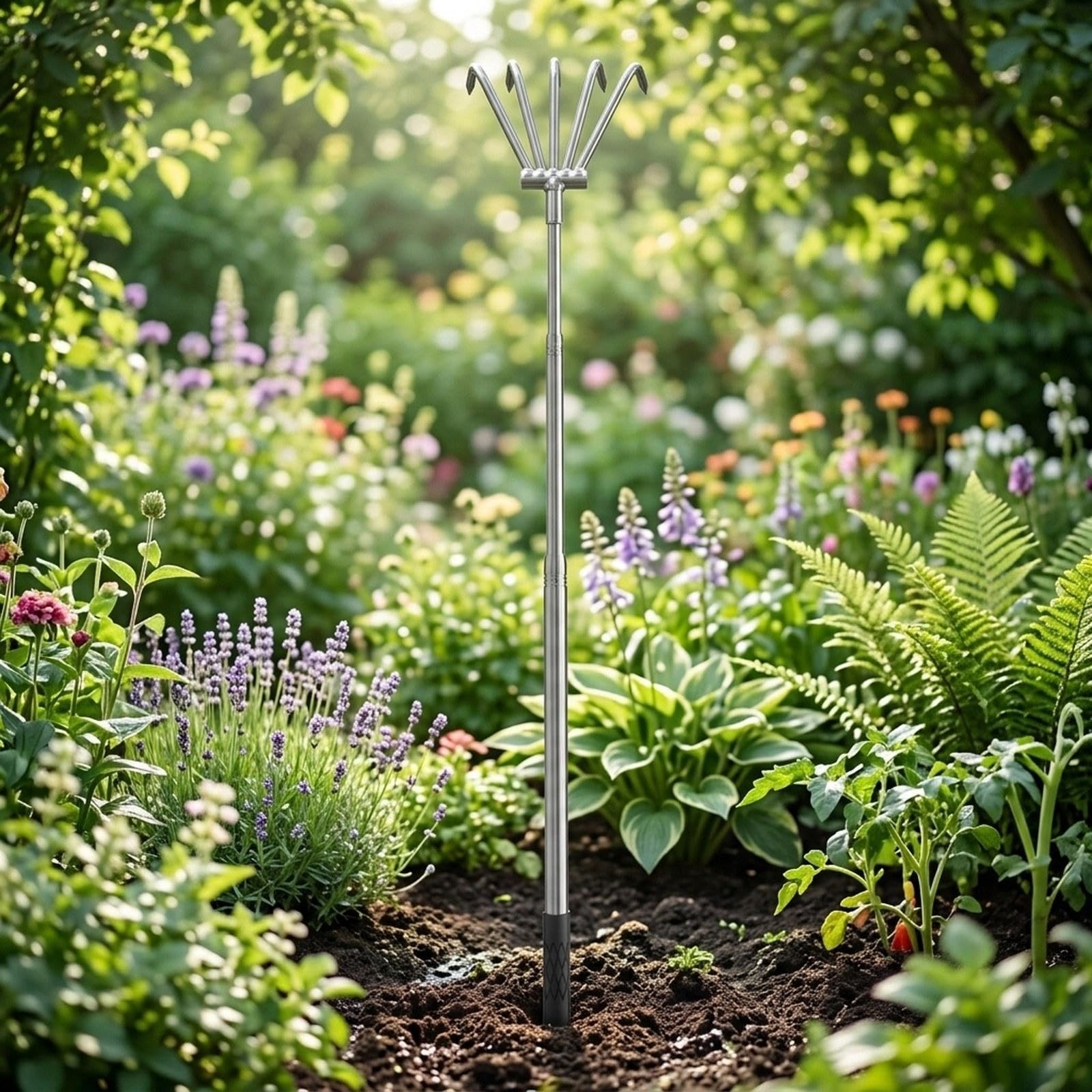 2 Piezas Rastrillo de Hojas Acero Inoxidable Mango Ergonómico Ajustable Cabezal Desmontable Adecuado para Peatones Aficionados a La Jardinerí, 3 Y 5 Dientes