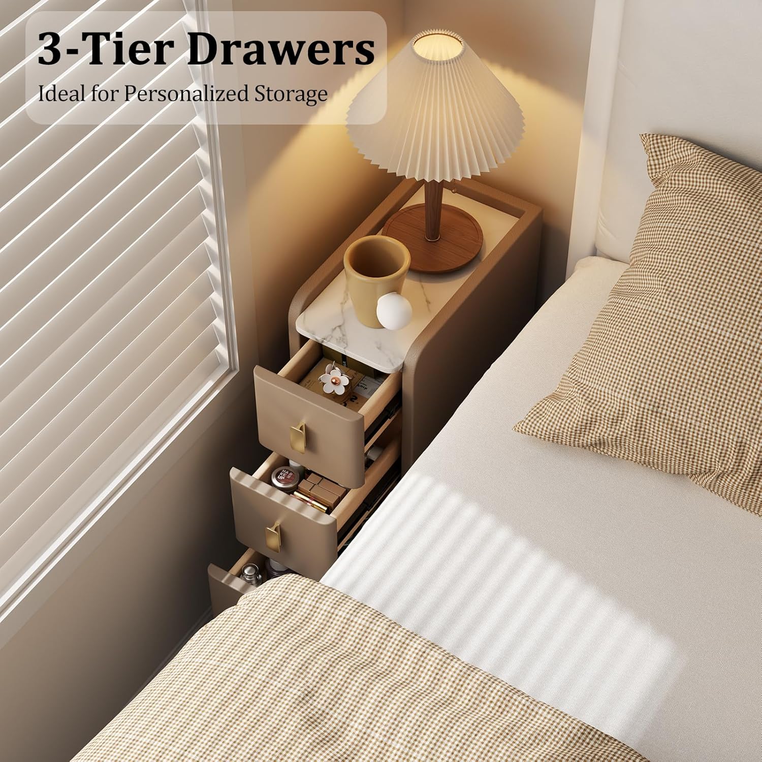 AQIMUELE Narrow Nightstand with Drawers, Narrow Side Table Leather, Small Bedside Tables for Bedroom. (Beige)