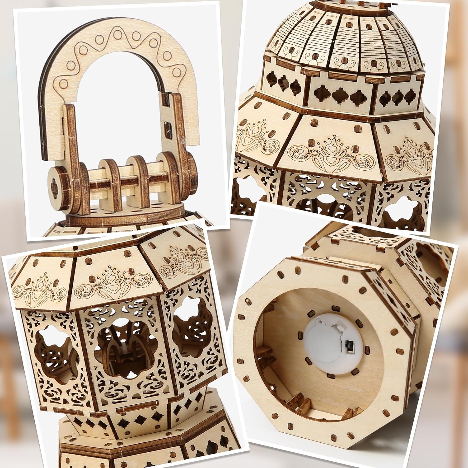 Close-up views of the lantern's handle, dome, side panel with intricate patterns, and base with battery compartment.