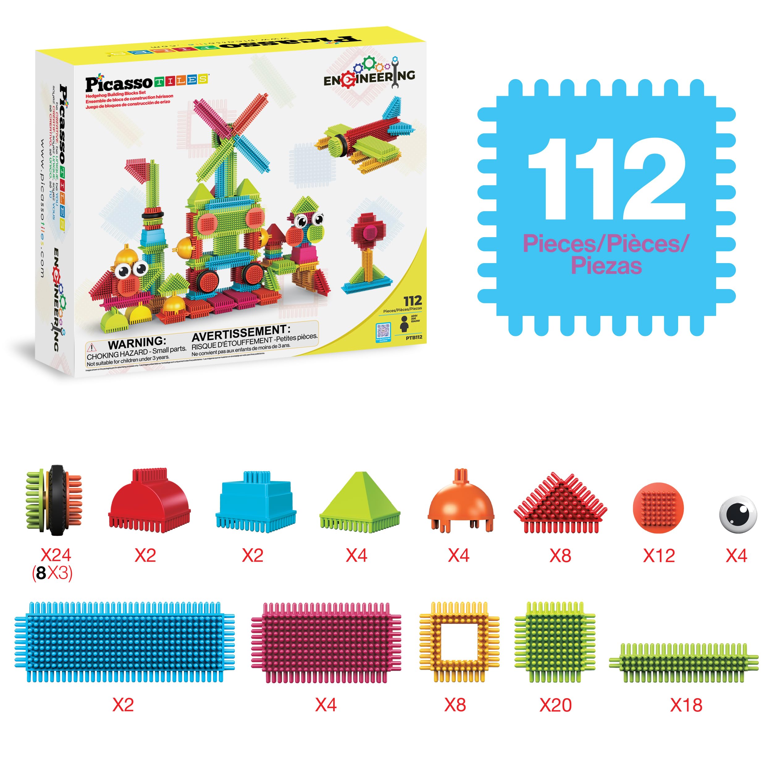 Picasso Toys PTB112 Blocs de Construction STEM en Forme de hérisson - Jouet d'apprentissage empilable - Créativité au-delà de l'imagination, inspirant, récréatif, éducatif