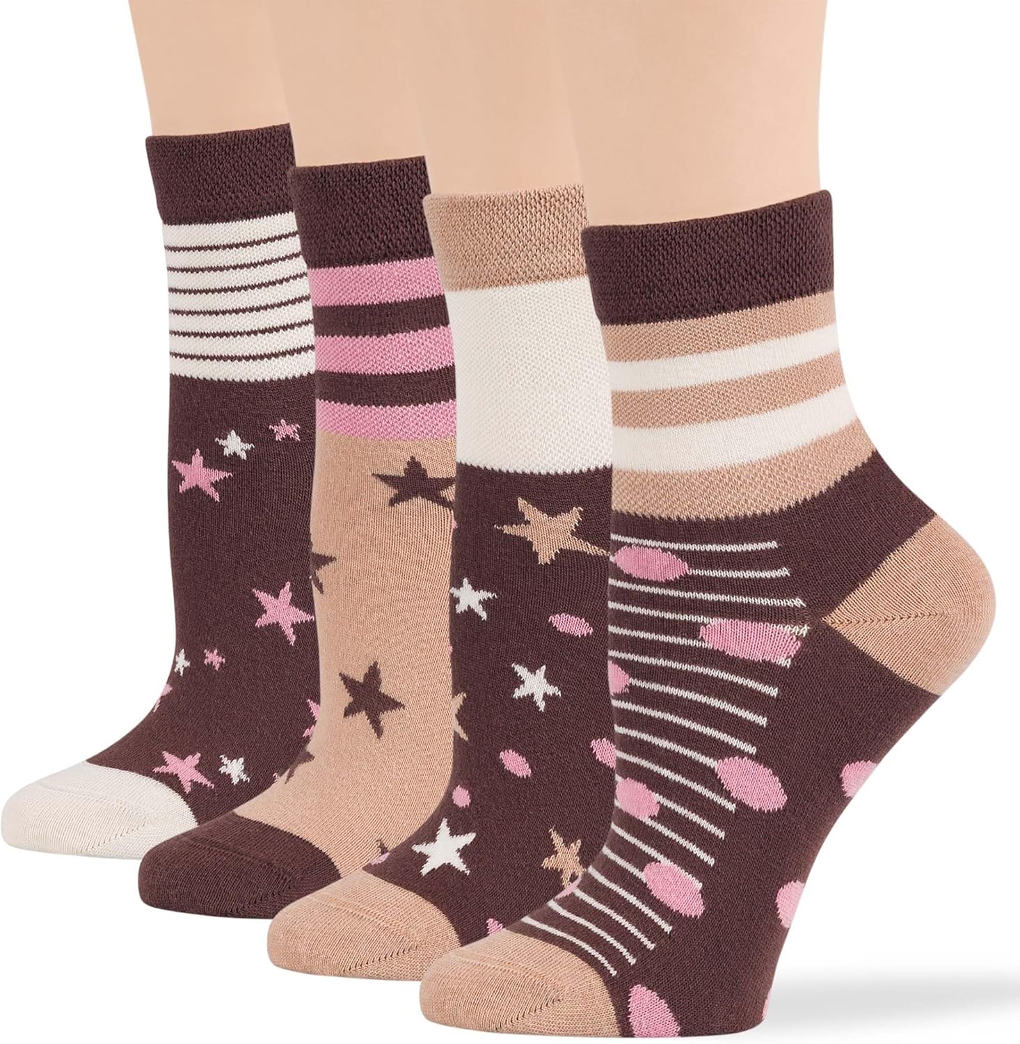 7BIGSTARS KINGDOM Women's Cotton Diabetic Quarter Fashion Socks - 4 Pack Large - Extra Wide- Star, Stripe, Polka Dot - Sock Size 10-12 Shoe Size 8-12 L Brown, Beige, Ecru