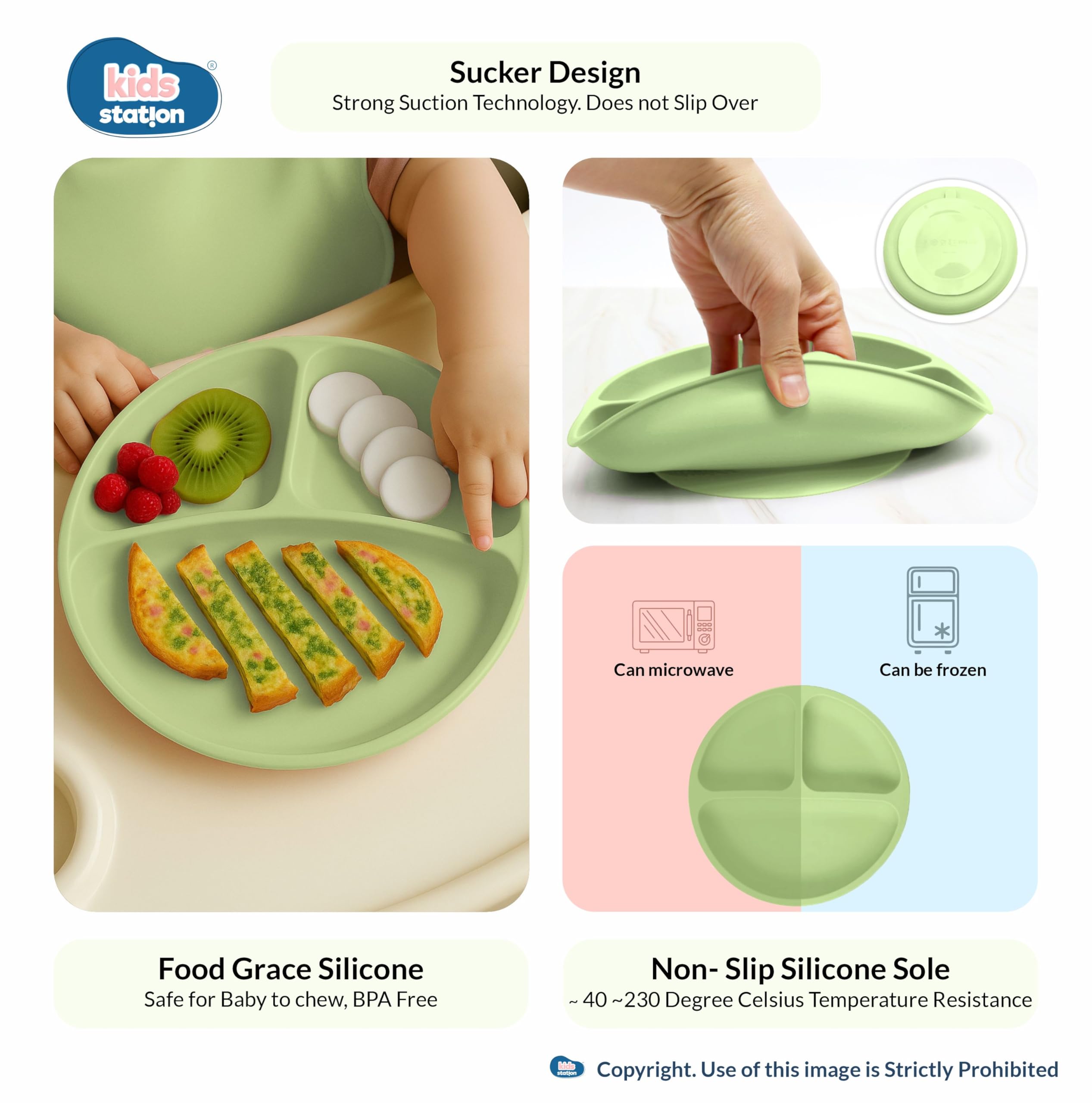Kids Station 8-Piece Silicone Baby Feeding Set | Suction Bowl, Plate, Bib, Cup, Spoon & Fork | 100% Food Grade BPA-Free Silicone | Non-Slip, Easy to Clean (Pack of 8, Green) 3