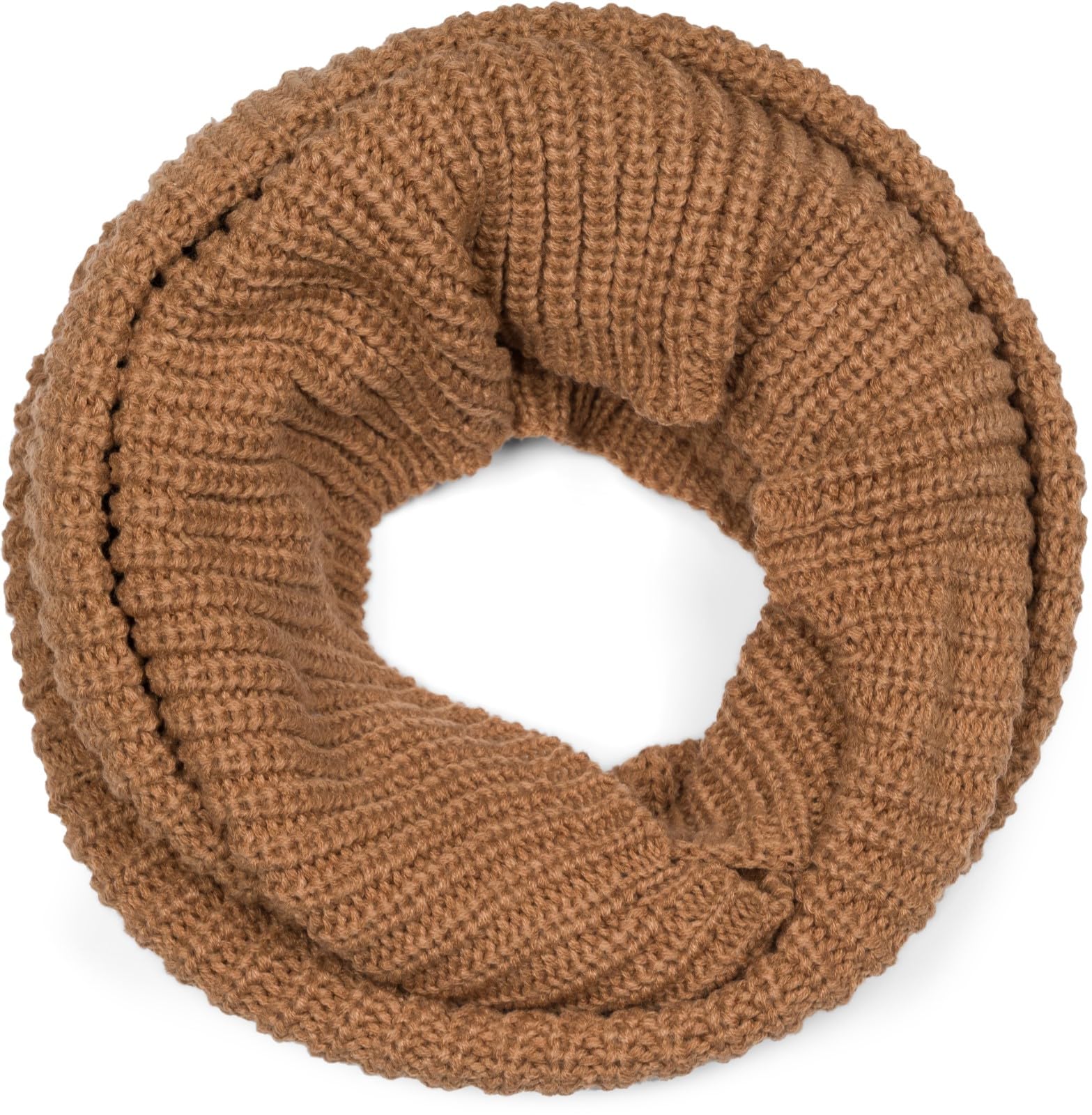 styleBREAKER Unisex Fine Knit Scarf, Solid Color Loop Tube Scarf, Fine Rib Winter Knit Scarf, Loop Scarf 01018112, Colour:Camel