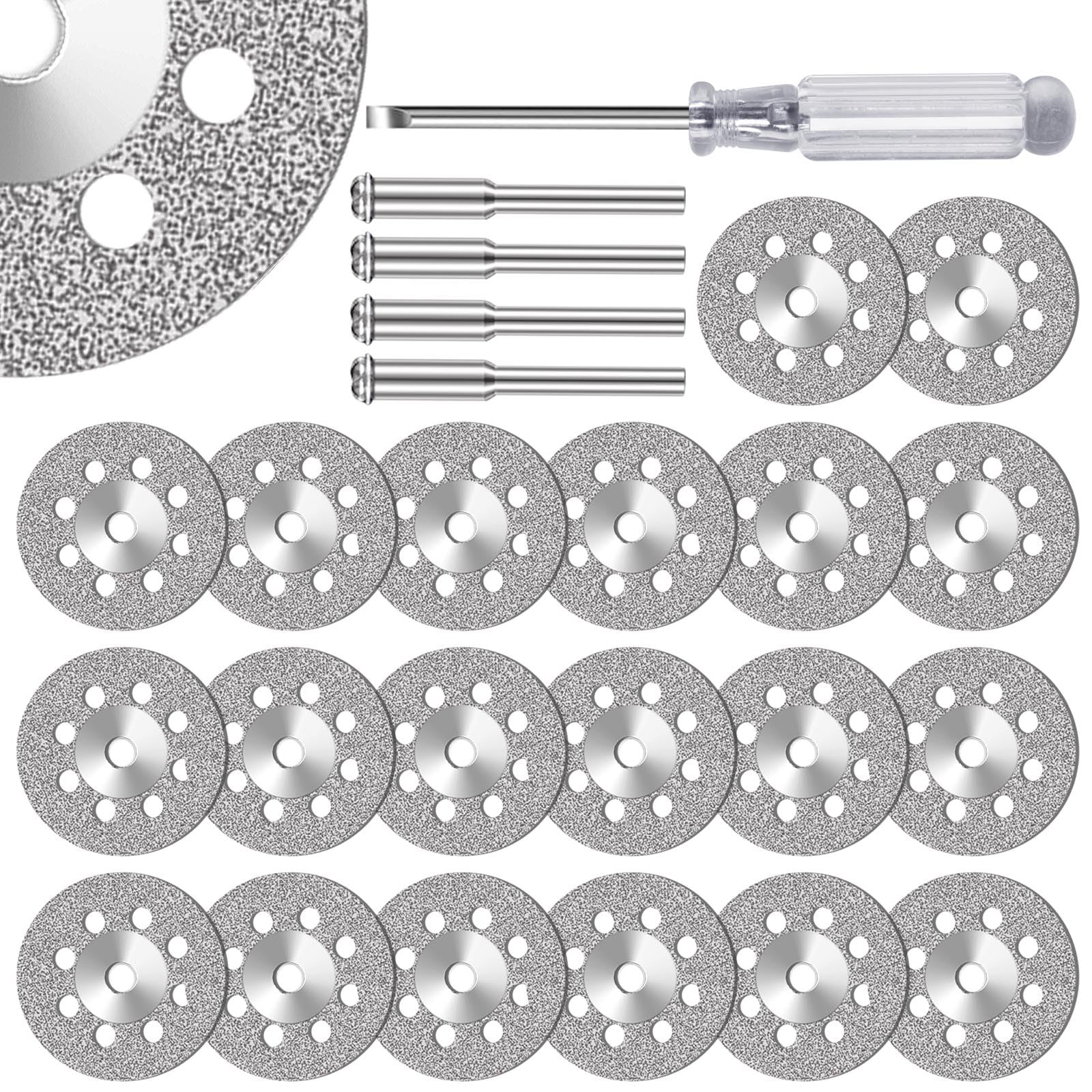 FOTYBEI 545 Diamond Cutting Wheel (20mm) 20pcs with 402 Mandrel (3mm) 4pcs and Screwdriver for Dremel Rotary Tool Stone Glass Cutting Discs