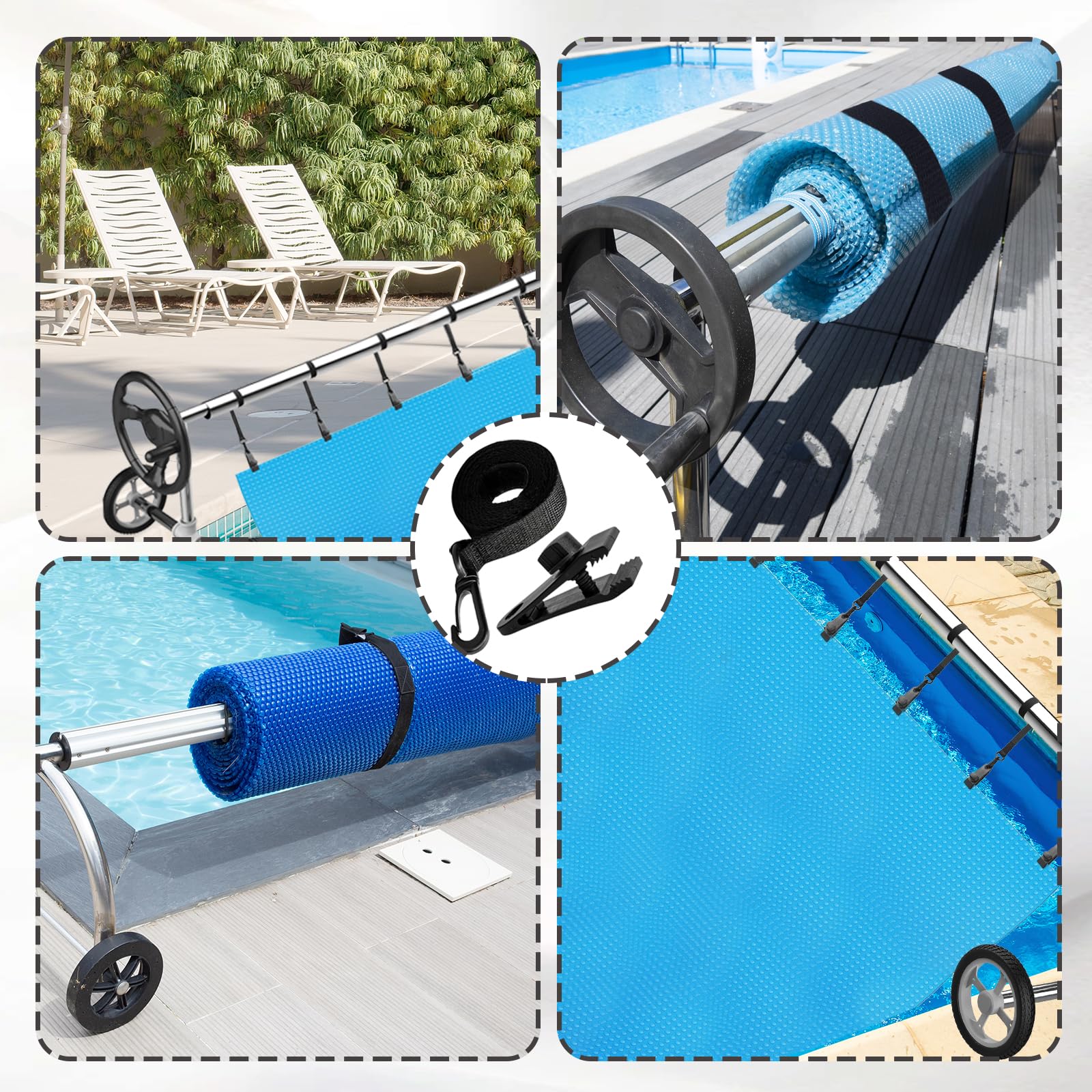 8 Piezas Enrollador Piscina Juego Bandas sujeción Accesorios Correas Cobertor Solar Carrete Carpas Piscina Cubierta con Energía Solar Prueba Viento Camping Beach Garden