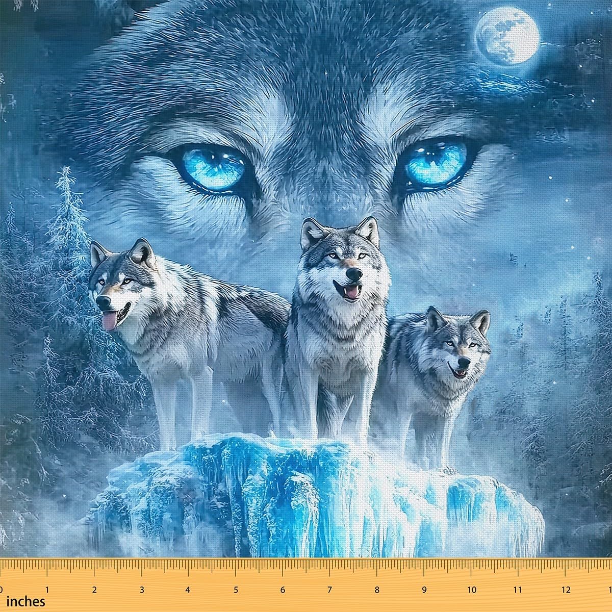 Erosebridal Arctic Glacier Wolf Fabric by The Yard,Hunting Wild Animal Wolves Upholstery Fabric for Quilting Sewing,Night Moon Wildlife Blue Eyes Rocks Material for DIY Upholstery,3 Yards,Blue Grey