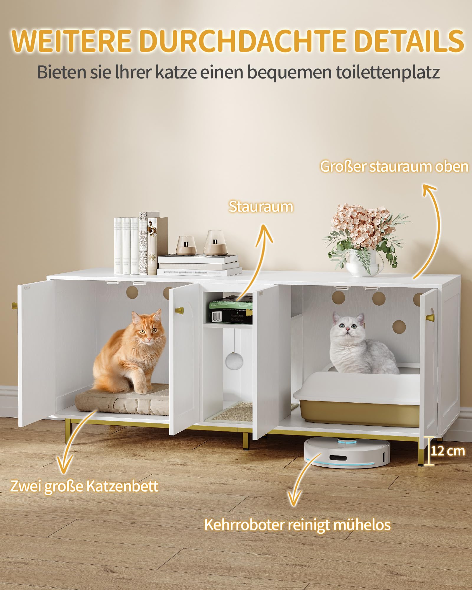 Hzuaneri Katzenschrank für 2 Katzen, Katzenklo Schrank, Katzenhaus Versteckt mit Doppelräumen, Mit Stauraum, Plüschbälle, Kann als Fernsehschrank, 140 x 48 x 62 cm, Weiß und Gold CB86513AV1