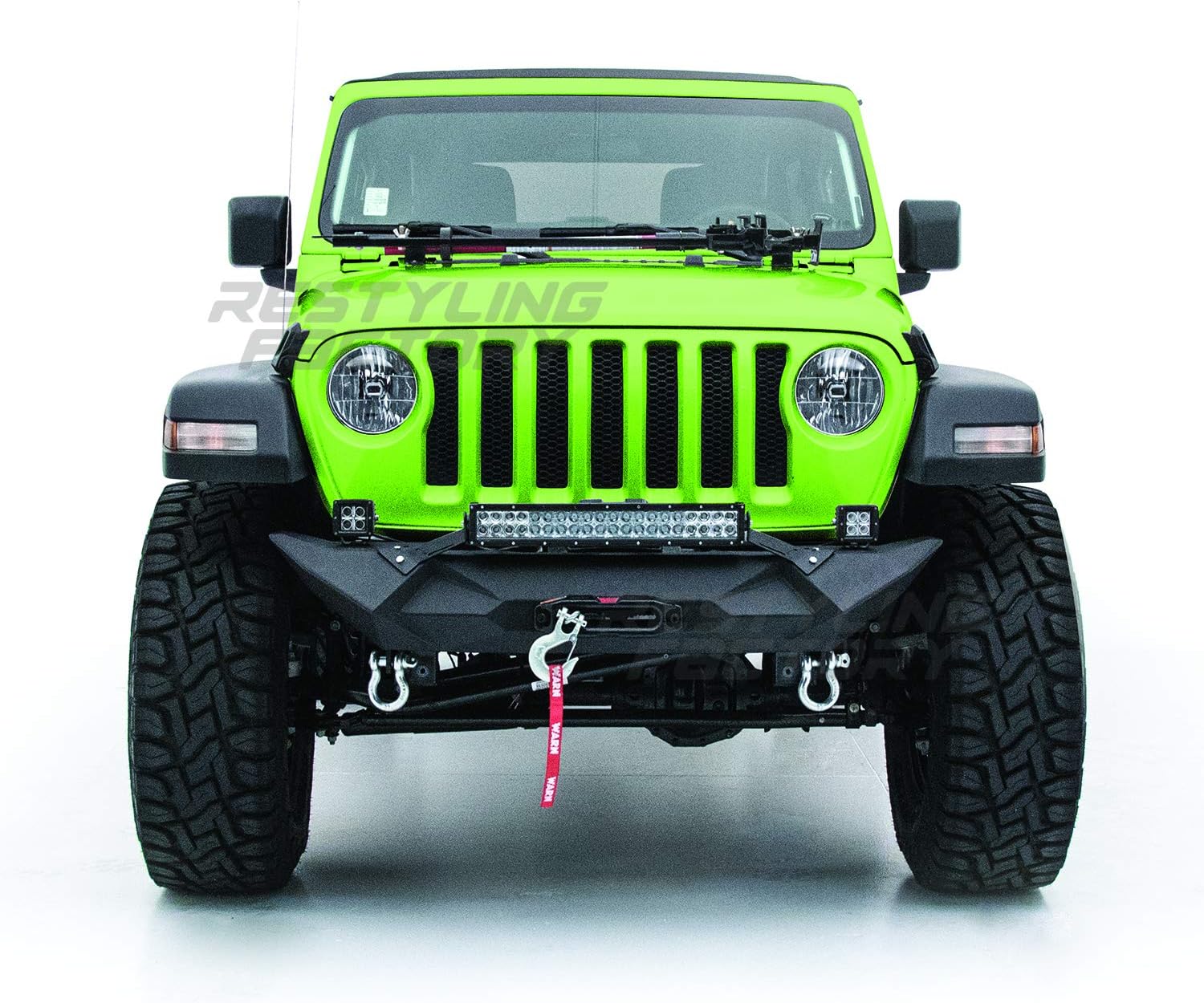 Restyling Factory - Black Textured Rock Crawler Front Bumper with 2x D-Ring and Built-In 21~23" LED Light bar mount & Winch Mount Plate for 2018-2021 Wrangler JL (Black)