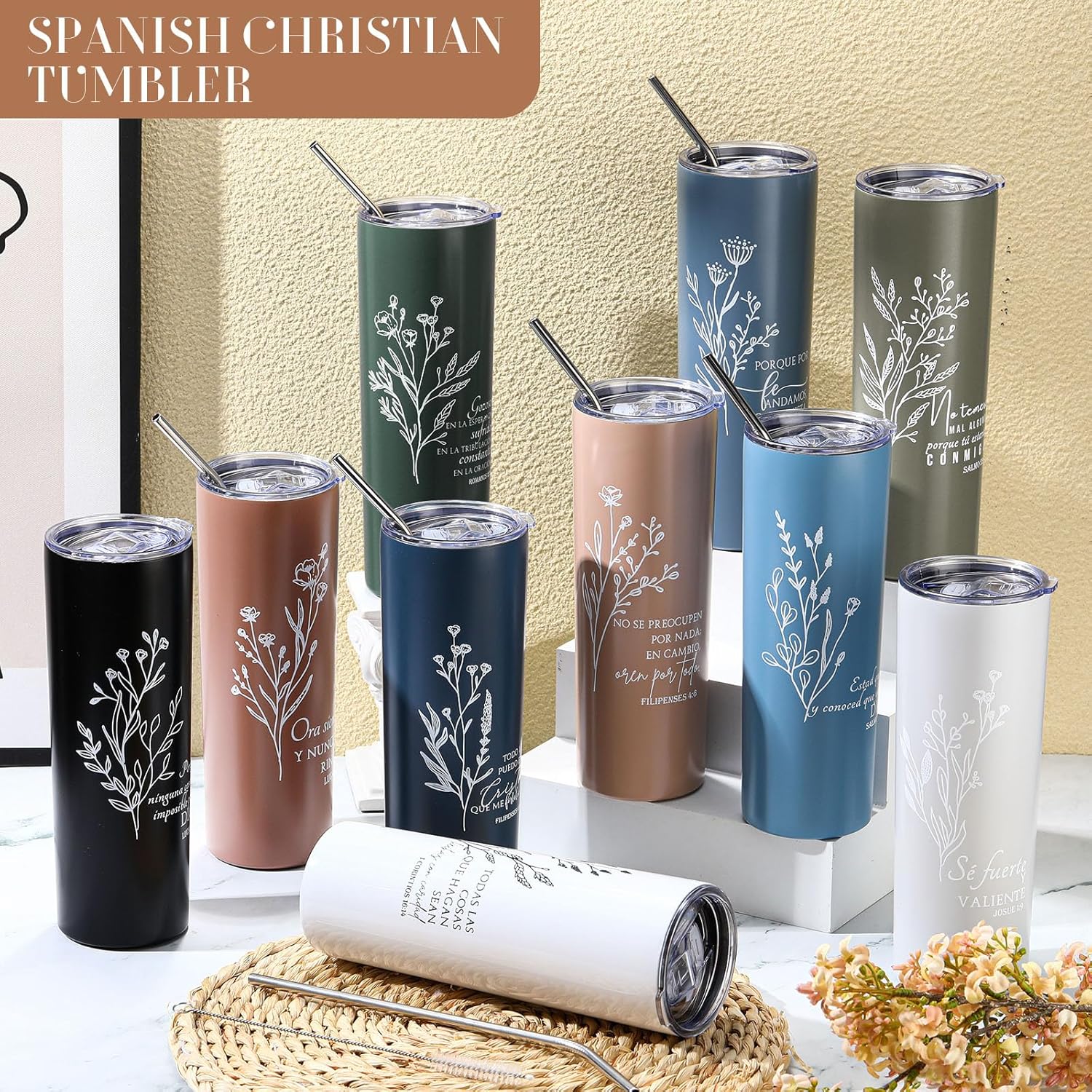 Patelai 10 Pcs Christian Valentine Gifts Spanish Christian Tumblers Bulk for Church Women Men, 20oz Bible Verse Cups with Lids and Straw Religious Coffee Mugs Sunday School Teachers - Image 4