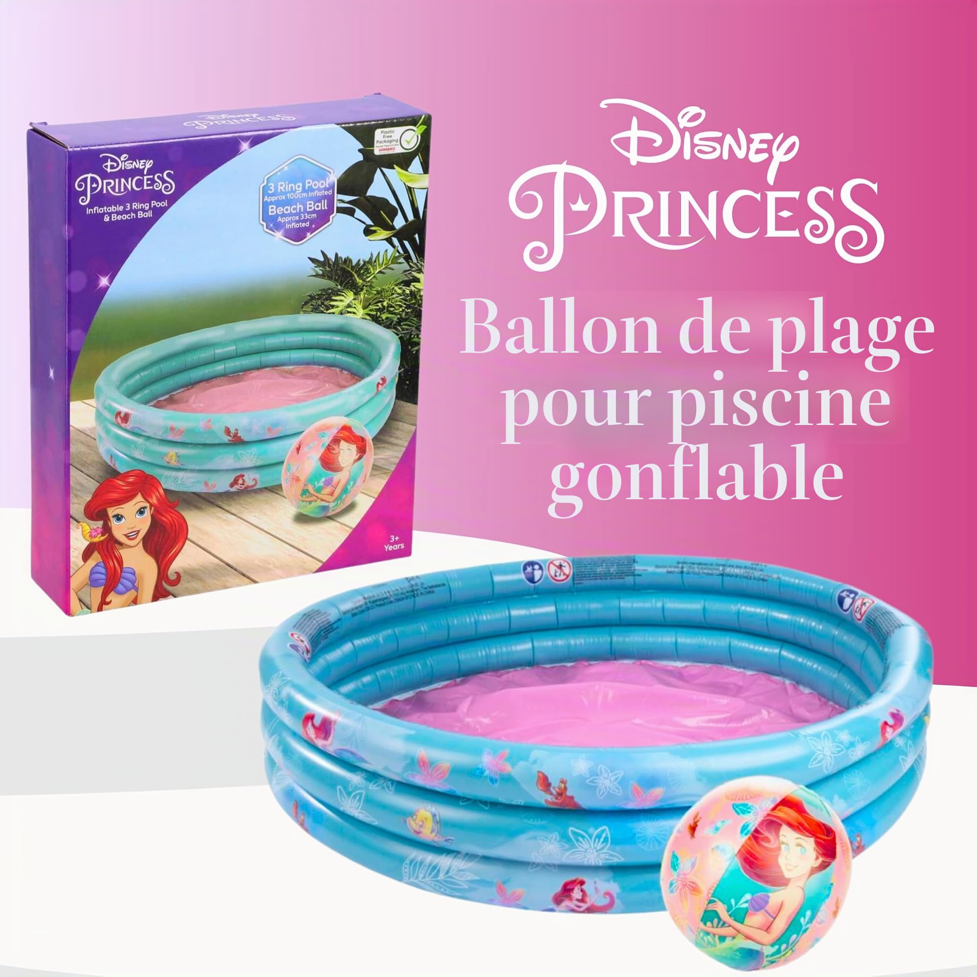 Disney Princesses Piscine Gonflable, Piscine pour Enfants Ariel Sebastian Flounder, Ronde Multicolore, 100 cm