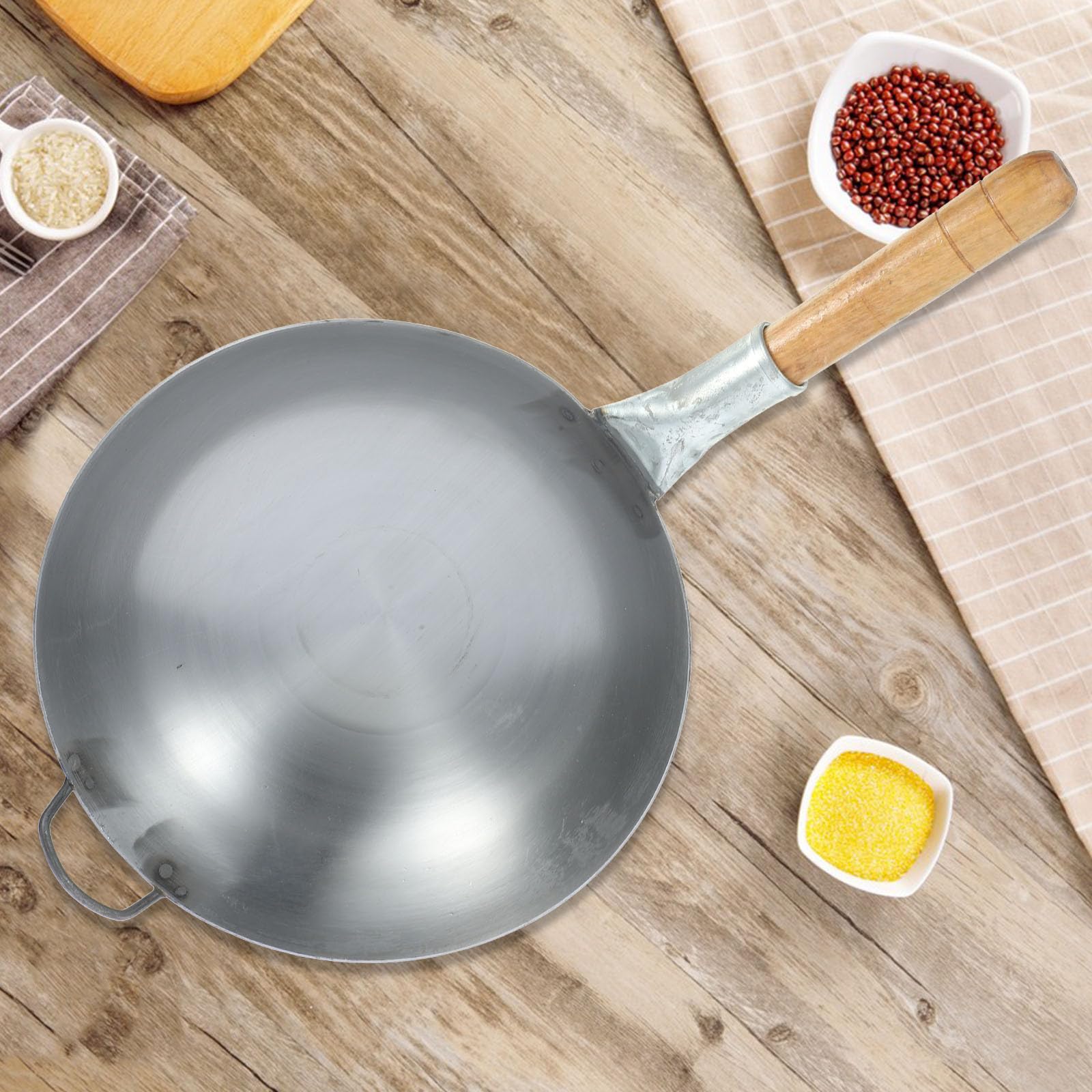 Padella Wok in Ferro Spesso Manico in Legno per Cucina