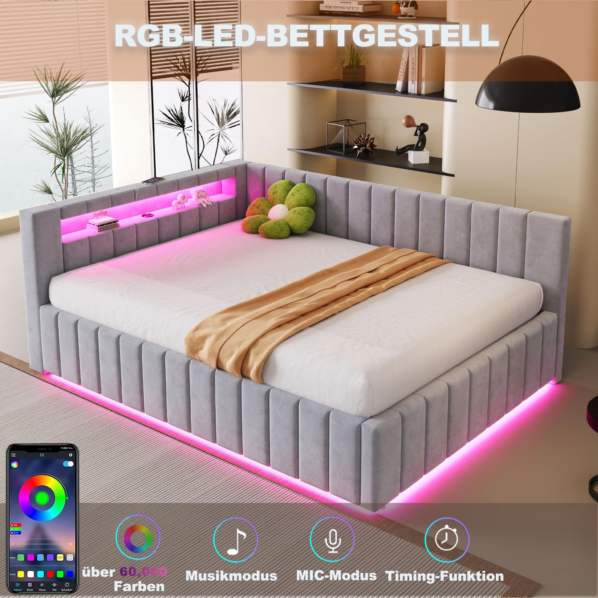 Polsterbett Schlafsofa 140x200, Doppelbett mit Hydraulischem Stauraum, mit LED-Licht und USB-Ladefunktion, Tagesbett Jugendbett mit Lattenrost, Samtstoff, ohne Matratze, Hellgrau