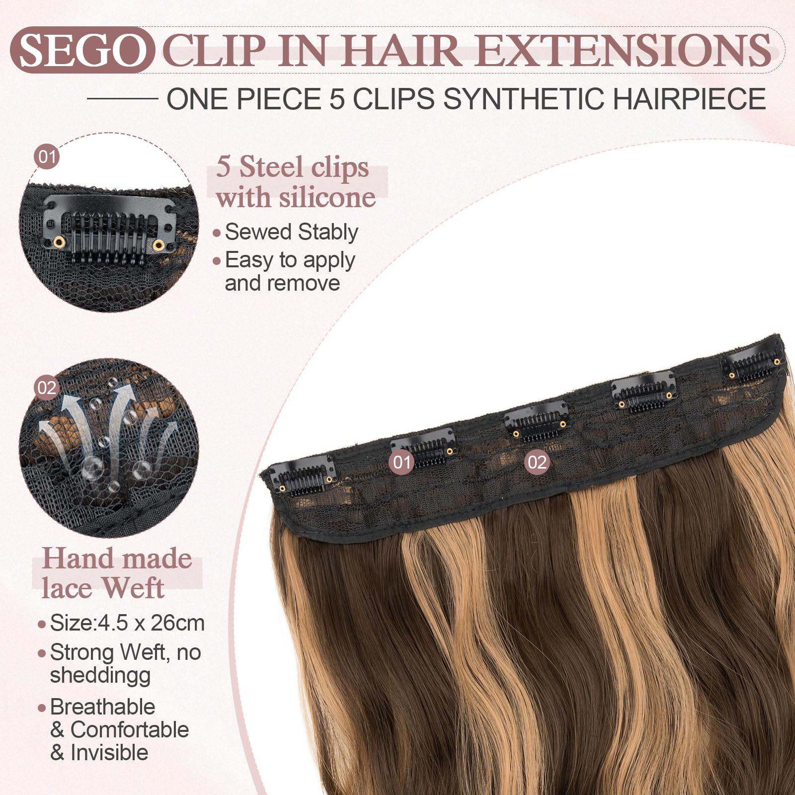 SEGO 20 Inch One Piece Clip In Hair Extensions Long Wavy Synthetic Clip In Hairpiece With 5 Secure Clips, Caramel & Golden Highlights - Image 2