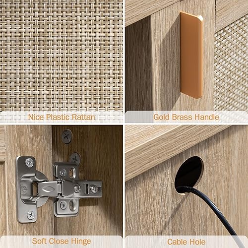 Miniatura 5 de SICOTAS Soporte de TV de ratán para sala de estar, mueble consola de TV de madera de 26 pulgadas de alto con almacenamiento y estante ajustable,