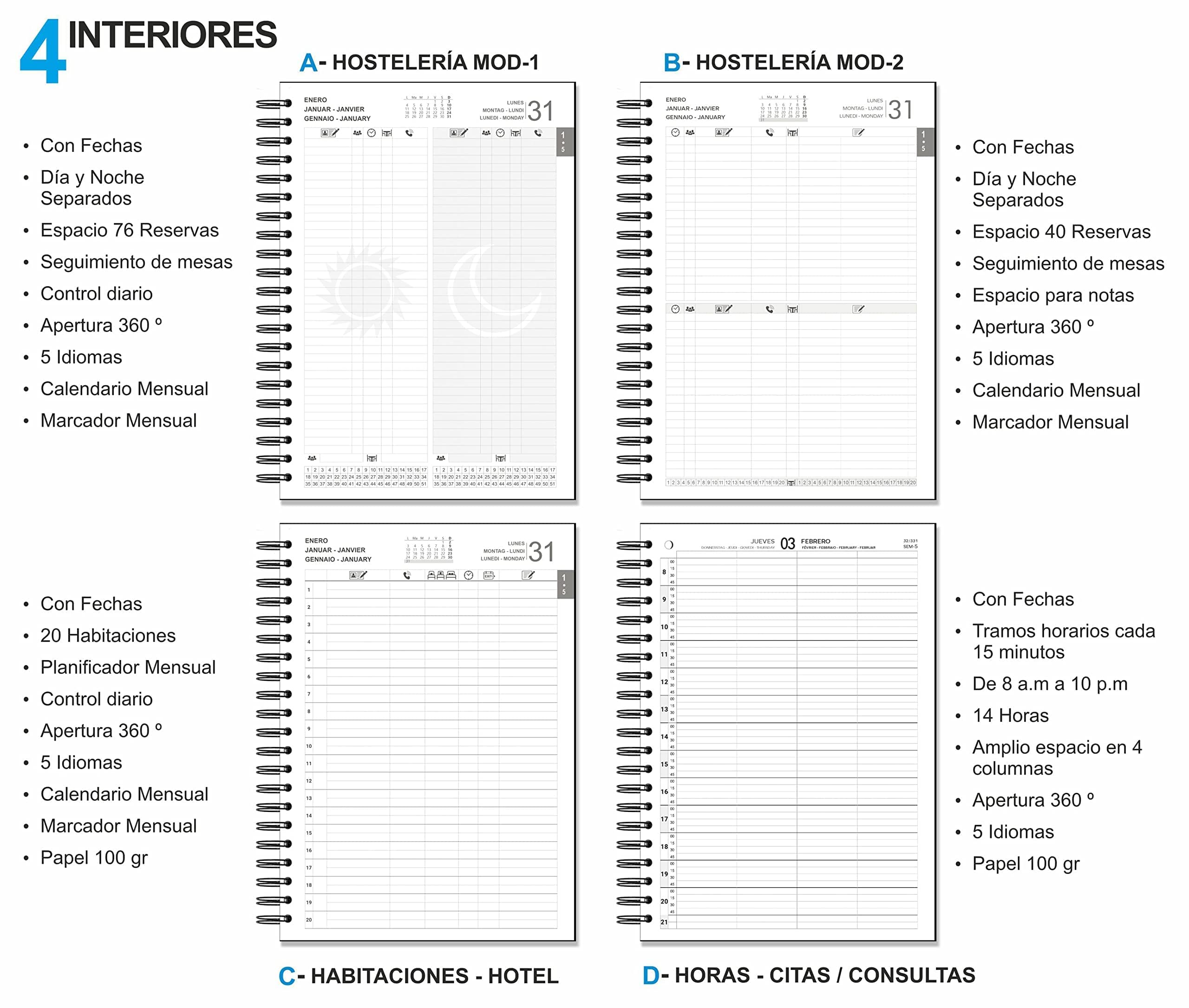 Libro de Reservas 2026 con Fechas.Personalizado con su texto o logo. 4 Interiores a elegir. Tamaño 21 x 29,7 cm Din A4 Agenda hostelería