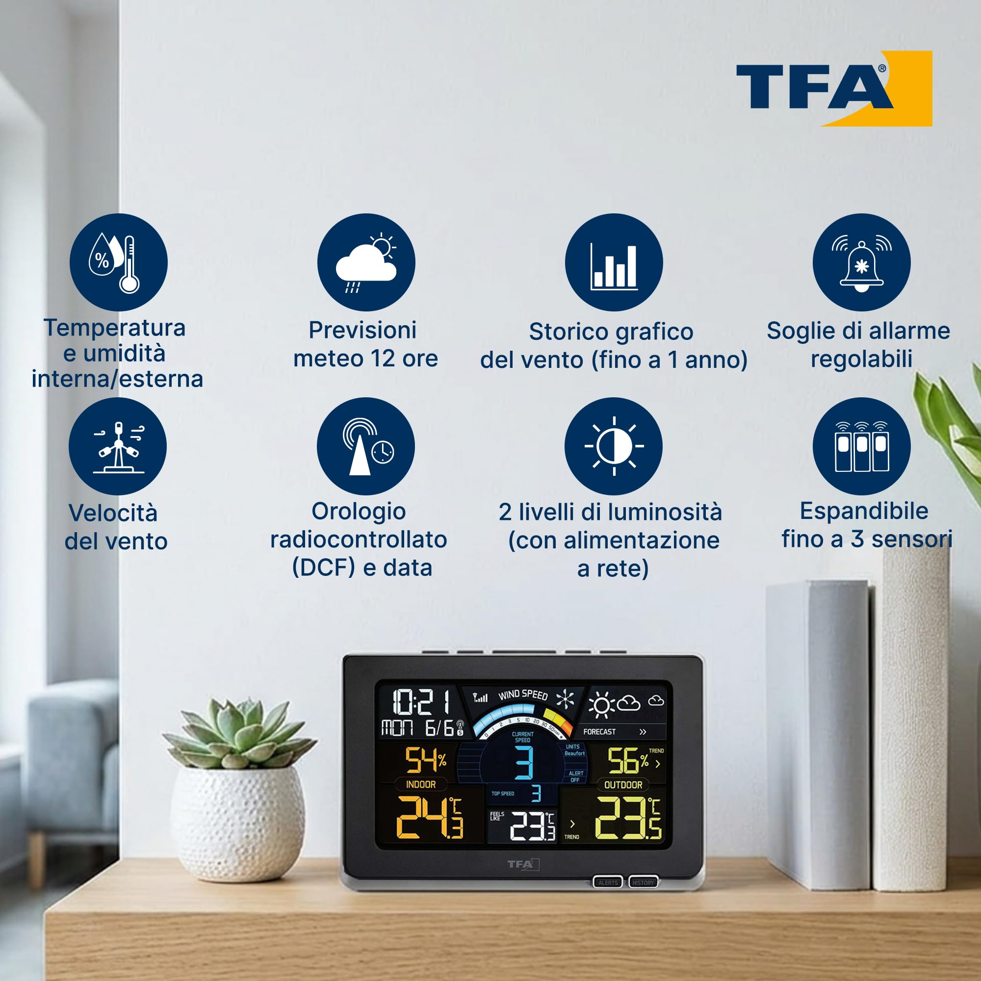 TFA Dostmann stazione meteo con sensore esterno radio SPRING BREEZE, 35.1140.01, con display a colori, previsioni meteo con limiti/simboli di allarme, con sensore esterno, nero