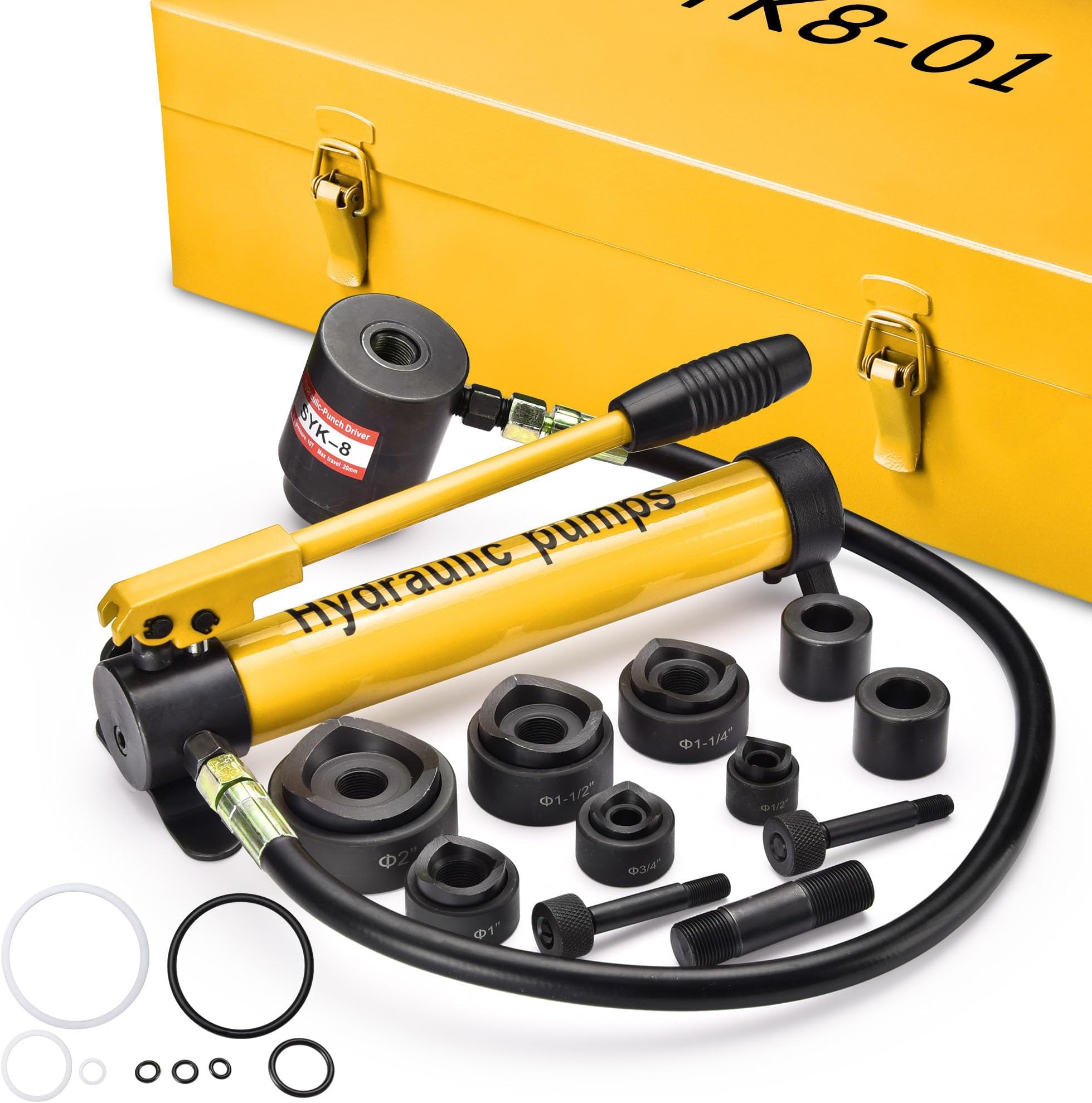 Yescom 1/2" to 2" Hydraulic Knockout Punch Set 10-Ton 6-Die Electrical Conduit Hole Punch Driver Kit for Aluminum Brass Stainless Steel - Yellow