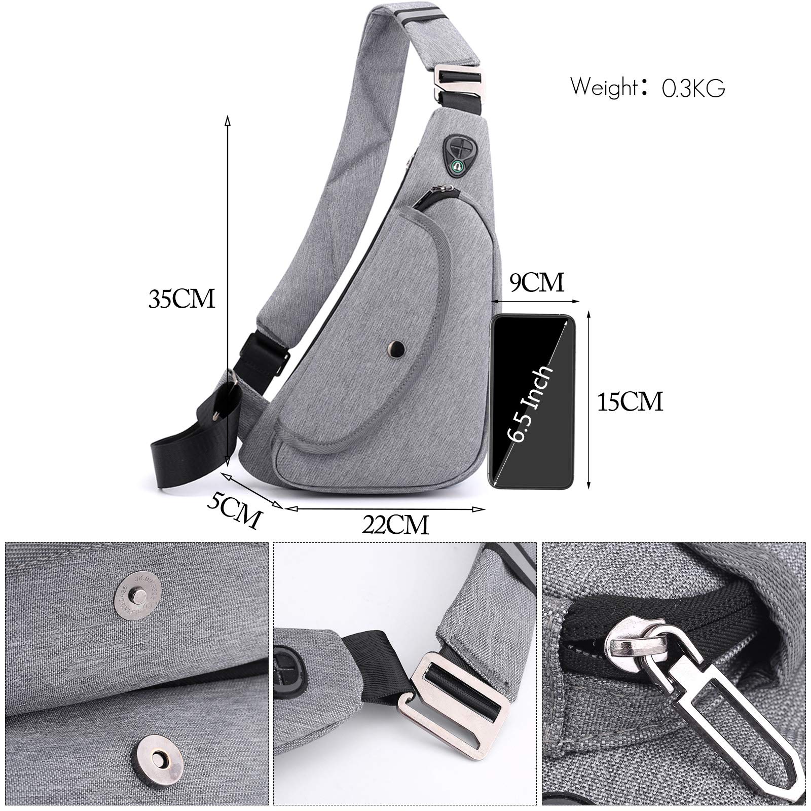 FANDARE Ultra-léger Sac de Poitrine Homme Sacoche Bandouliere Léger Sling Bag Garçon Sac d'Epaule pour Voyage Sport Randonnée Vélo Camping Excursion Sac Poitrine Gris A