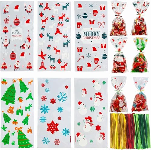 FuraHa 150 bolsas de celofán de Navidad, bolsas de celofán de Navidad con lazos para dulces, galletas, golosinas, envoltura de regalo, suministros
