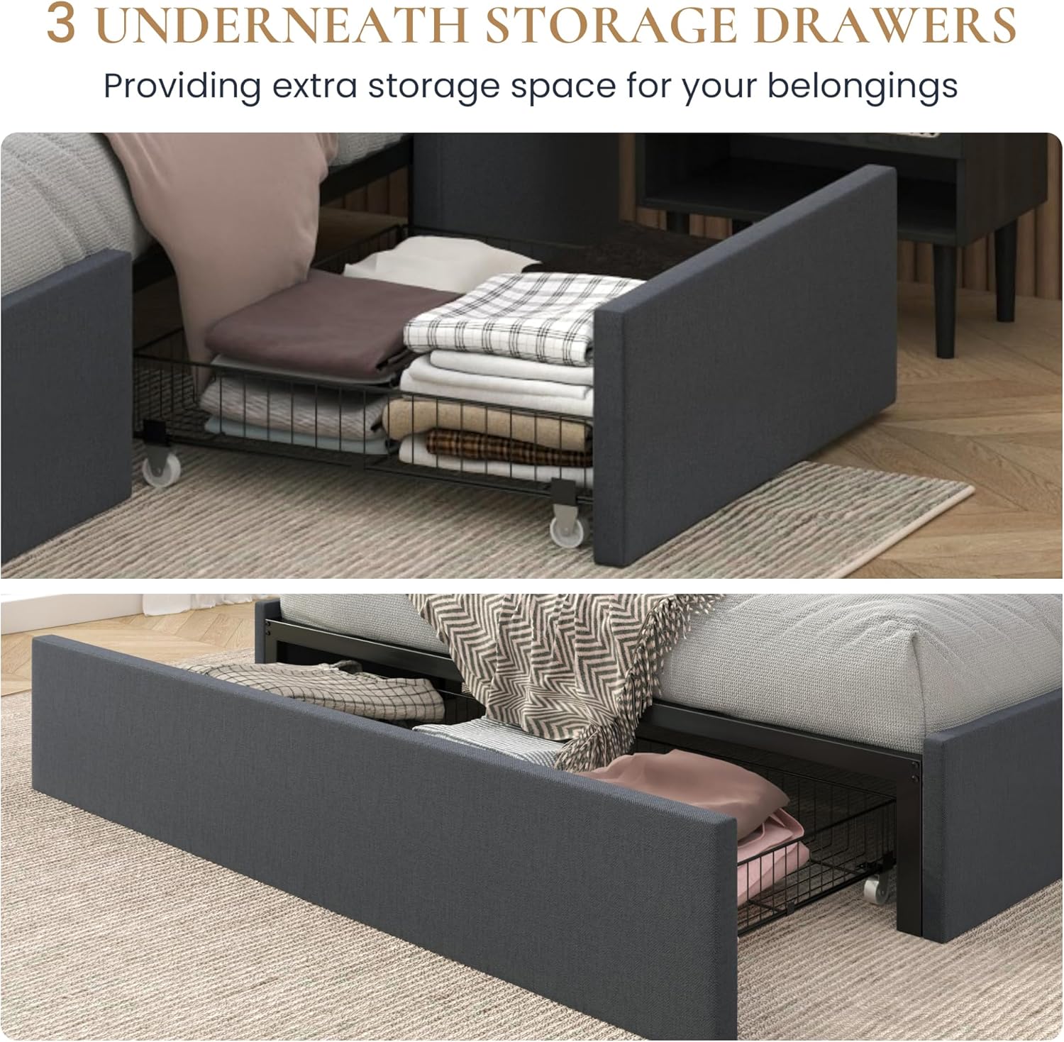 SHA CERLIN Modern Queen Platform Bed Frame with 3 Storage Drawers/Upholstered Wing Side Panel Design/Wooden Slats Support/Mattress Foundation/Noise Free/Easy Assembly/Dark Grey