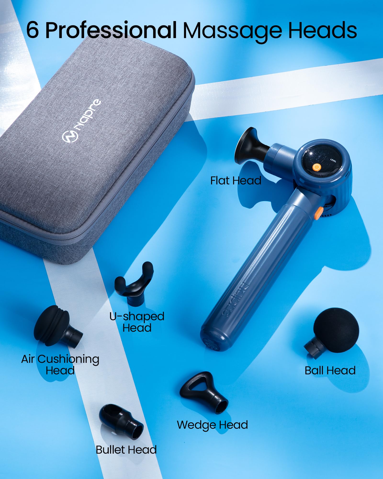 Pistola de Masaje Muscular,Napre Pistola Masaje Muscular con Mango Largo y 3 ángulos Ajustables,Massage Gun Pistola Masajeadora,6 Cabezales y Pantalla LED,Masajeador Muscular Cervical y Espalda,Azul