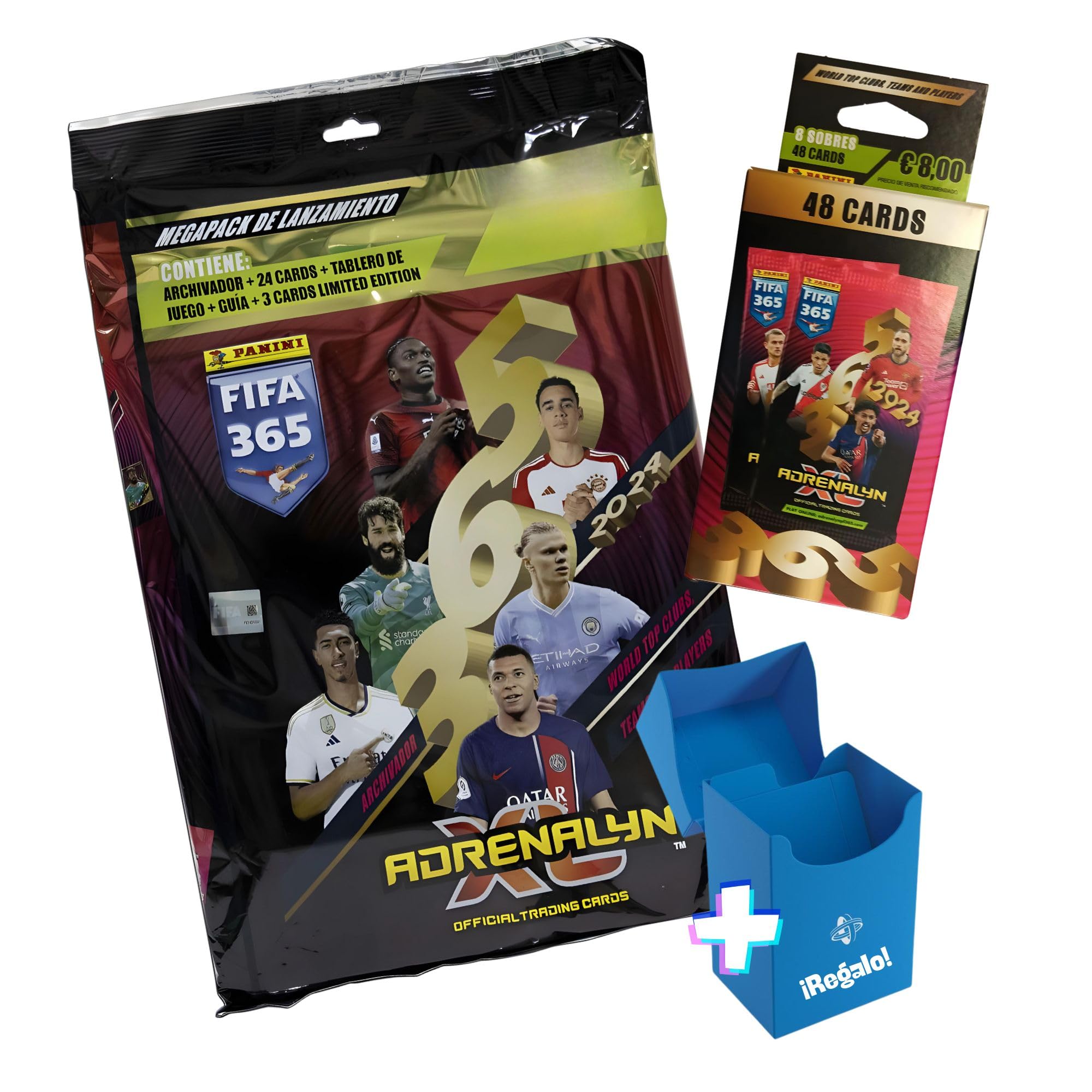 Panini Megapack Lanzamiento Adrenalyn con 8 Sobres Extra | FIFA 365 | Caja Box Premium para repetidas de Regalo | Album y cromos Futbol (Pack+8)
