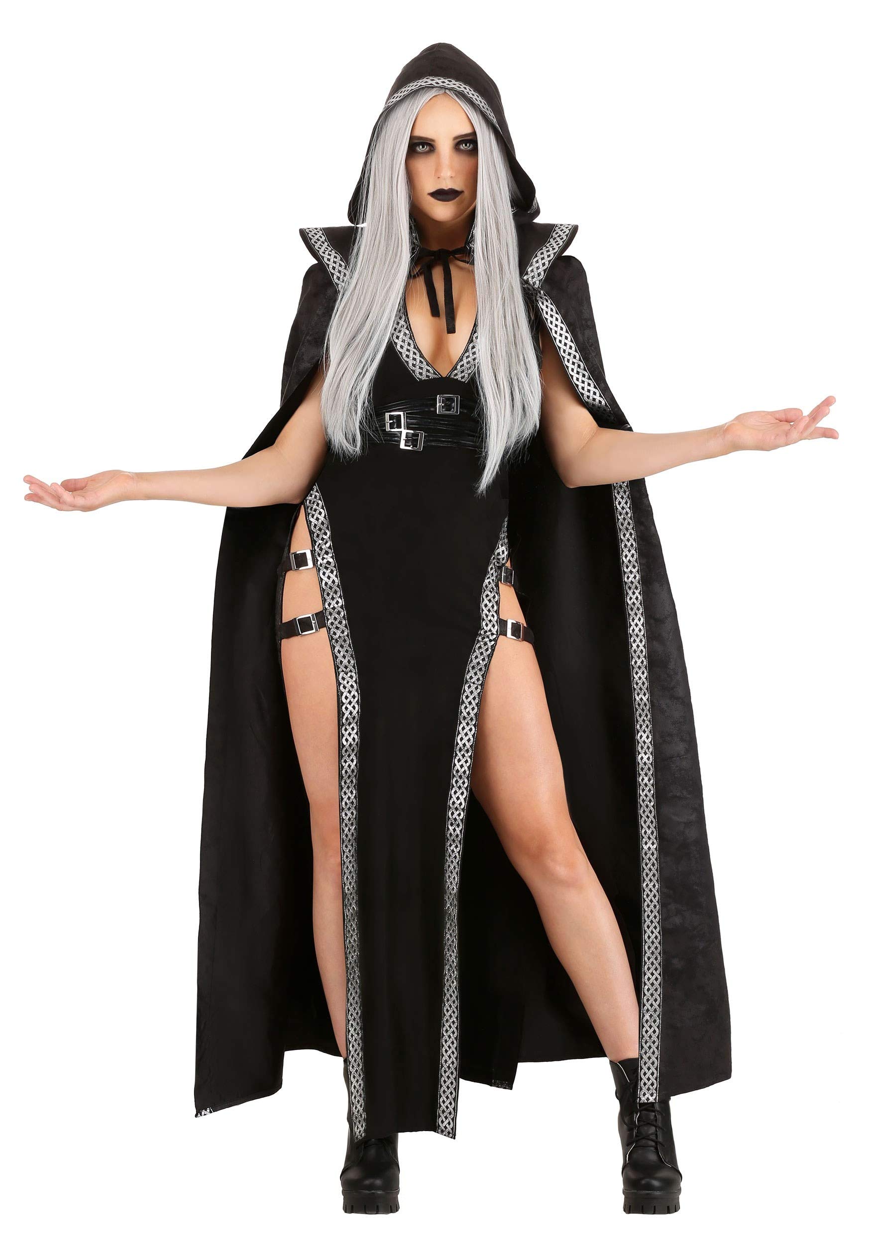 Women's Enchanted Warlock Costume Black Witch Dress with Hooded Cloak Warlock Witch Outfit Halloween Costume