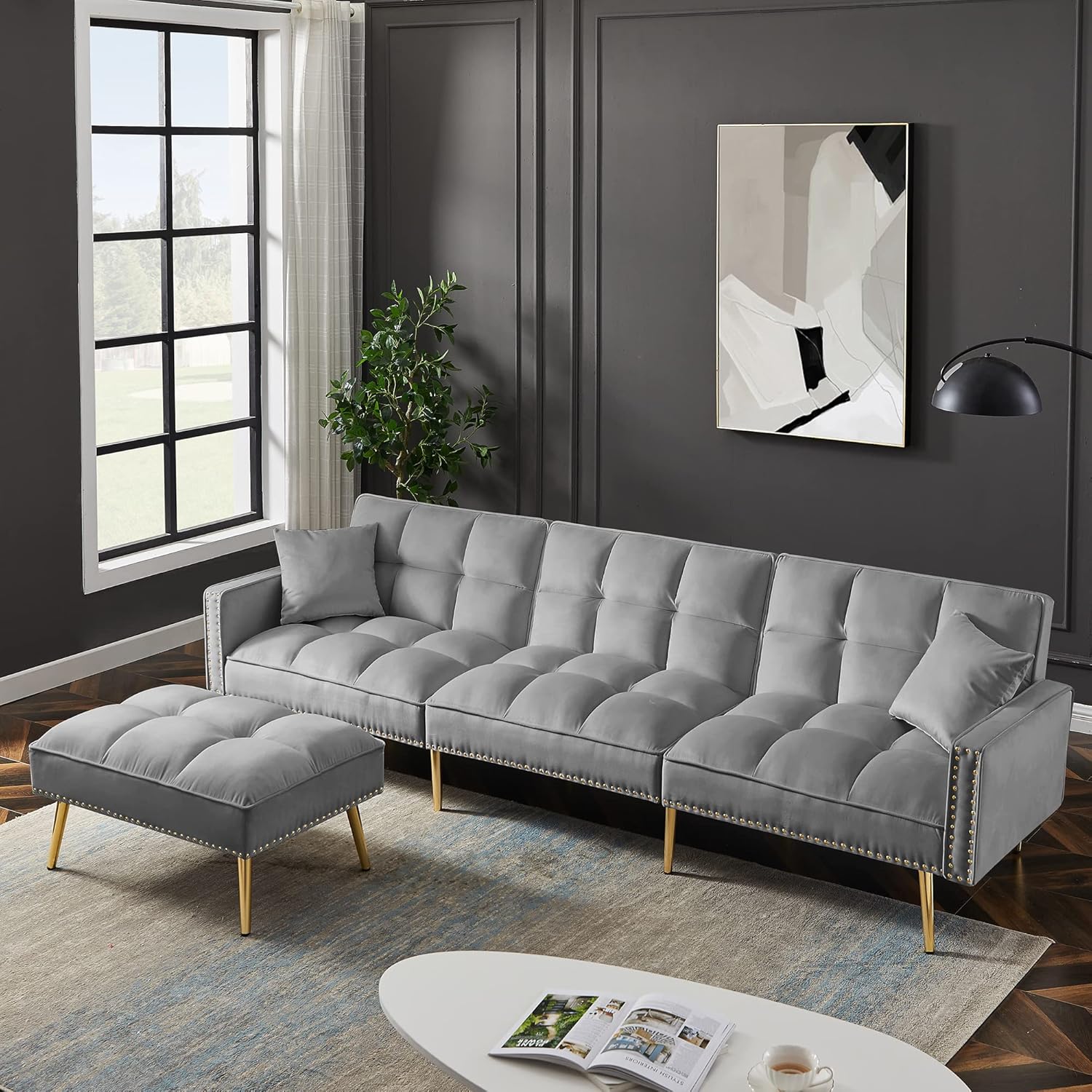 Modern Velvet Upholstered Reversible Sectional Sofa Bed, L