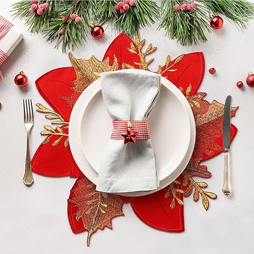 Miniatura 6 de 12 manteles individuales bordados de flor de Pascua de Navidad para decoración de Navidad, decoración de mesa de fiesta de Navidad, decoración de