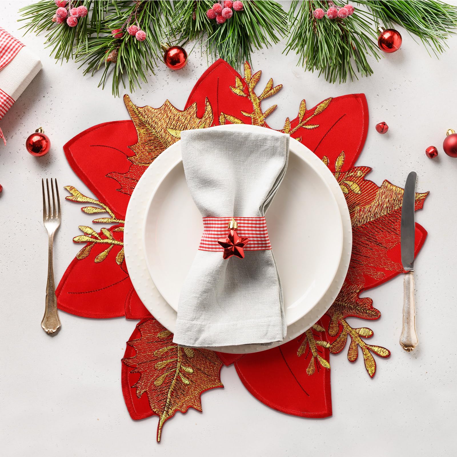 Servietten Weihnachten 40x40 Weihnachts-Tischset 4-teilig Bestickt   Weihnachtsstern-Motiv, Oval, 11x17 Zoll Weihnachtsdeko Oval Tischset
