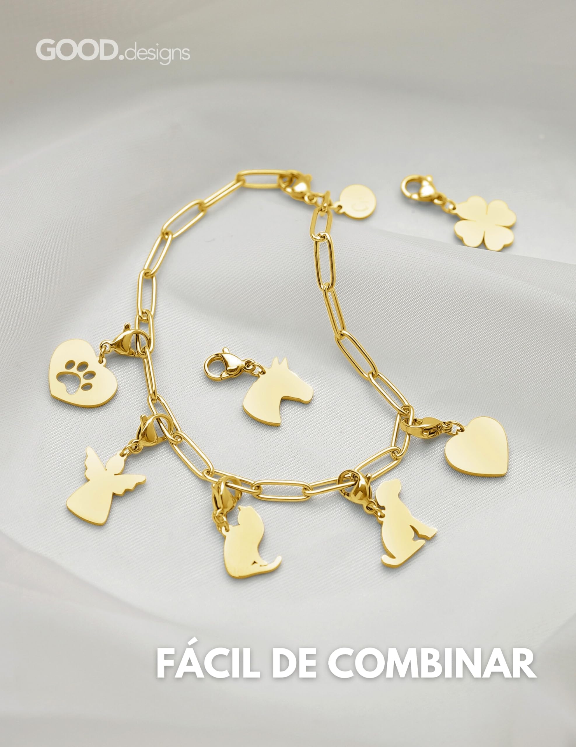 GD GOOD.designs Charms colgante con cierre de mosquetón | Colgante para collar de acero inoxidable 316L | Charm para pulsera tipo charm en oro 18K | Resistente al agua e hipoalergénico