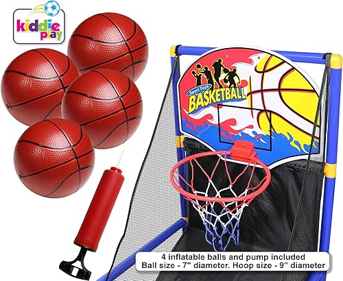 Miniatura 5 de Kiddie Play Juego de arcade de aro de baloncesto de juguete | con 4 bolas y bomba de aire, juguetes deportivos para interiores y exteriores para