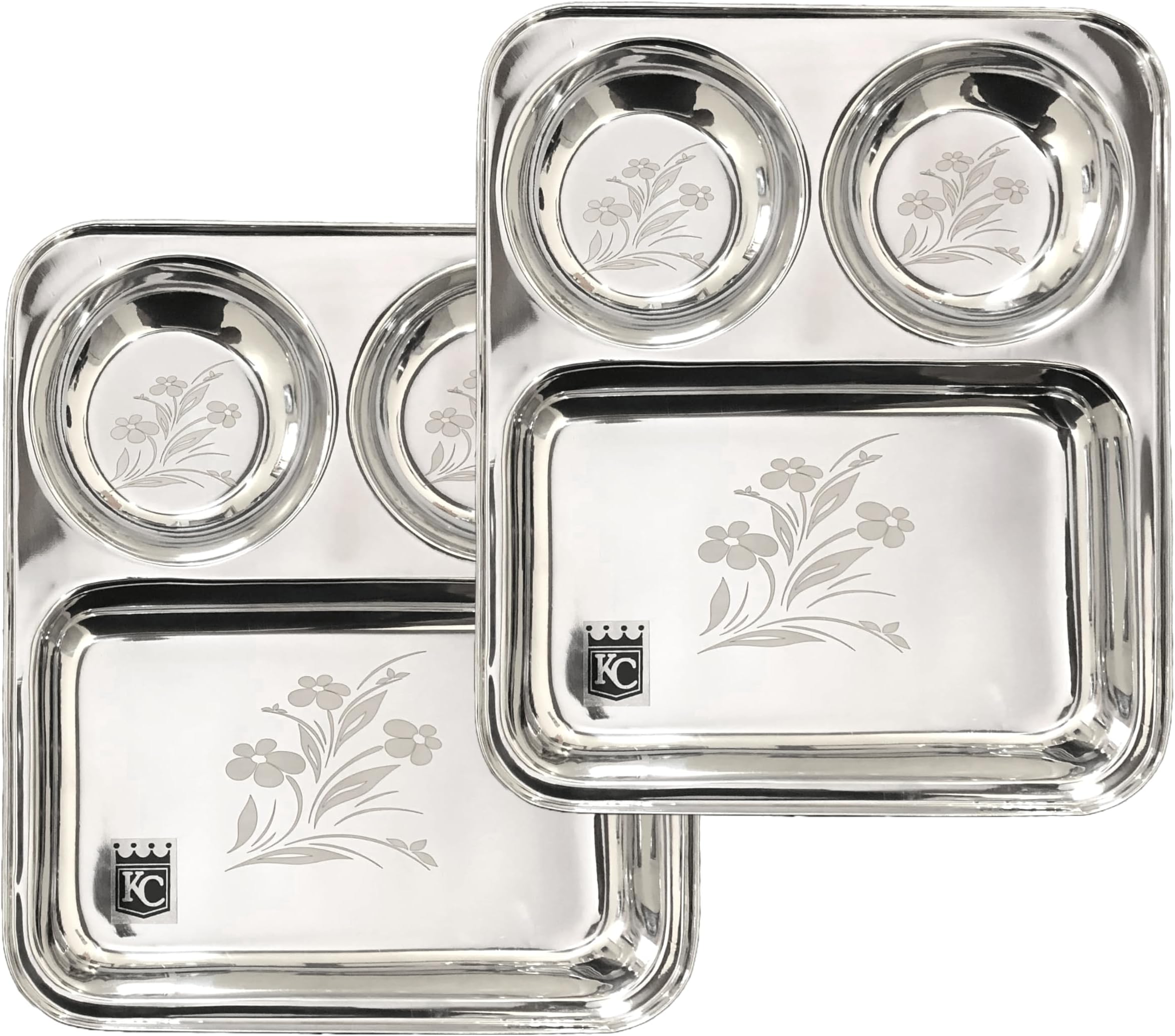 KC Stainless Steel Laser Partition Plate 3 in1 | Bhojan Thali | Dinner Plate Set of 2