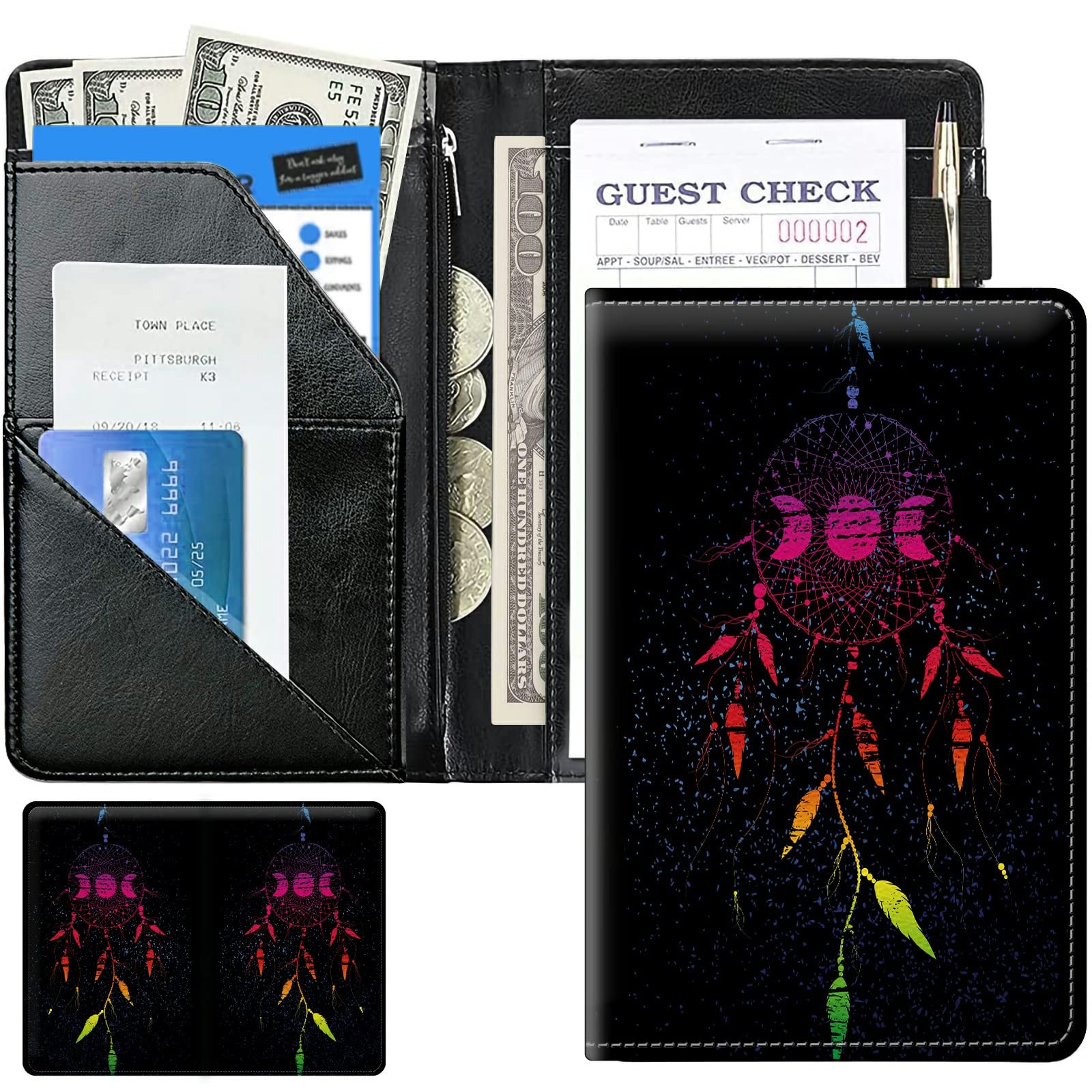 Moon Dream Cute Server Books for Waitress, Leather Waiter Book Server Wallet with Zipper Money Pocket, Waitress Ticket Book Holder Restaurant Waitstaff Organizer with Pen Holder Fit