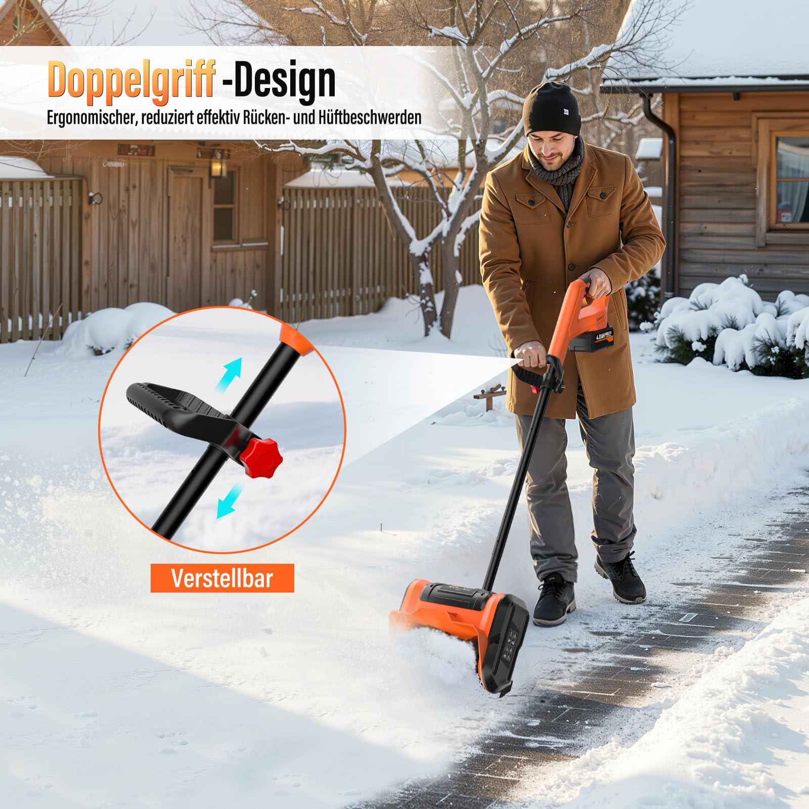Akku Schneefräse,elektrische Schneefräse Akku 2× 4.0Ah mit Ladegerät,Ultra-leicht nur 3,4 kg,Arbeitsbreite 25 cm, maxSchneehöhe 15 cm,bis 3m Auswurf für Gehwege,Einfahrten