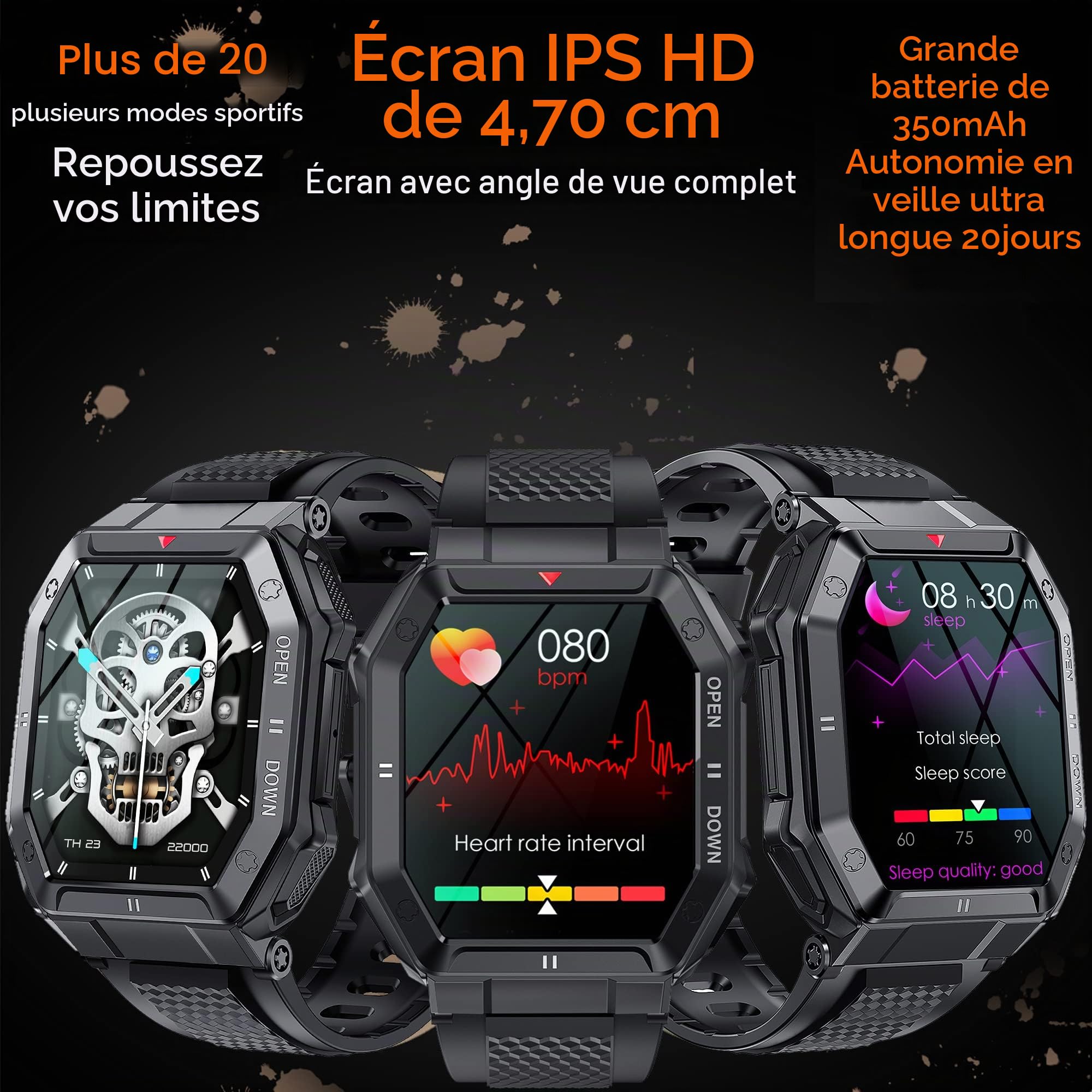 Montre Connectée Homme Appel Bluetooth, 1.85'' IP69K Étanche Montre Intelligente Militaire Smartwatch avec 24 Modes Sport, Moniteur Fréquence Cardiaque, Tensiomètre, SpO2, pour Android iOS Noir