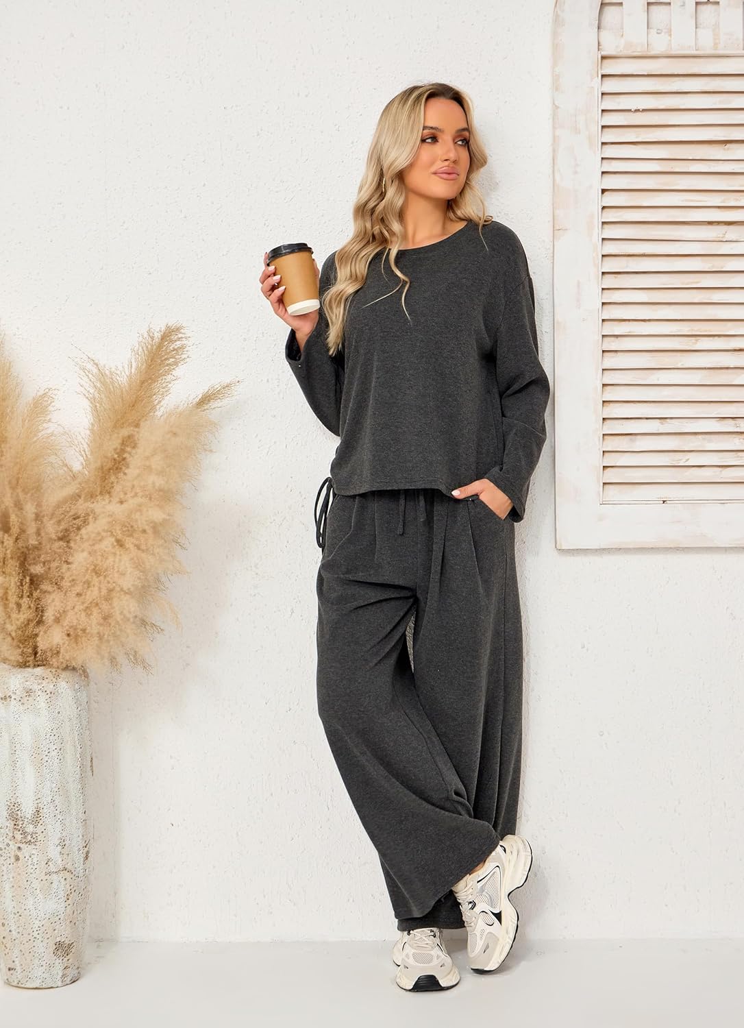 Women's 2 Piece Outfits Lounge Sets Fashion Airport Wide Leg Pants Travel Vacation Clothes Tracksuit with Pockets - Image 2