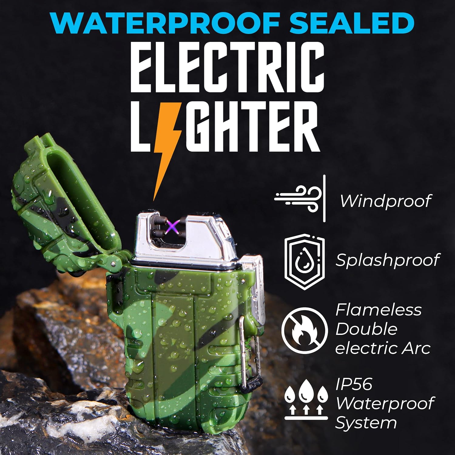 Waterproof Lighter (Rechargeable), Plasma Lighter (Flameless), Windproof Dual Arc Lighter, Survival Lighter for Camping with USB Cable and Storage Bag, Electric Lighters Rechargeable Waterproof
