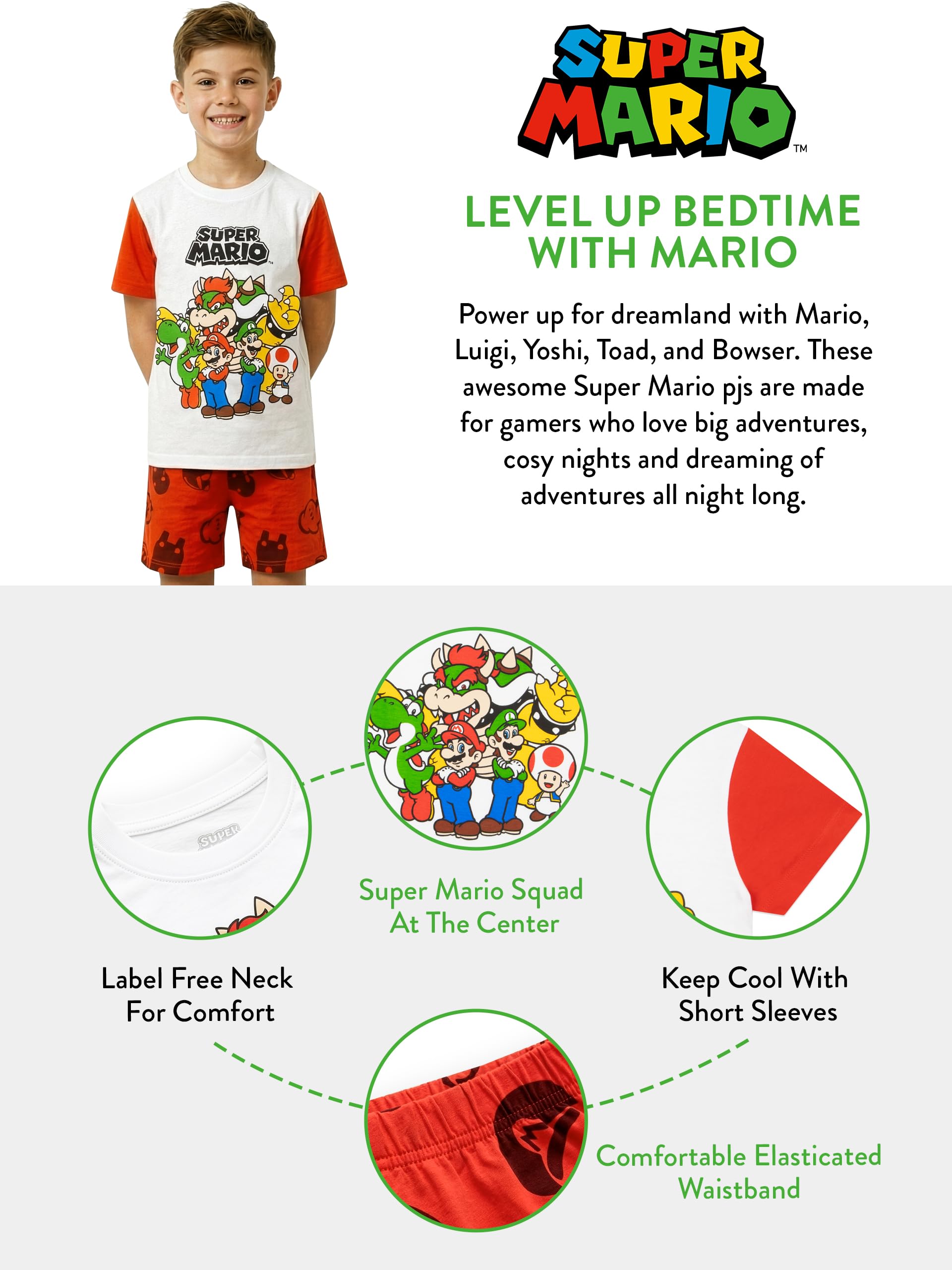 Pijama Niño Super Mario Bros Conjunto Verano Manga Corta con Pantalón Corto