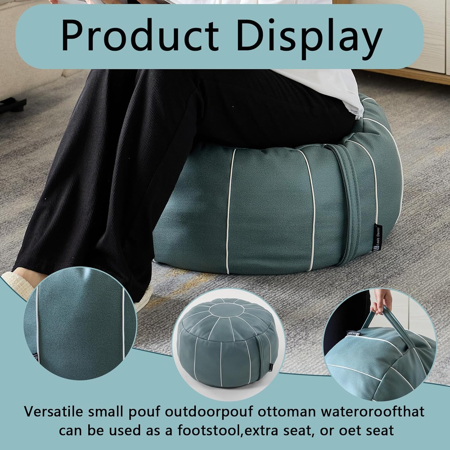 Louis Donné 21 Inch UNSTUFFED Moroccan Pouf Ottoman Cover, Handmade Faux Leather Foot Stool, Round Storage Poof Cover, Exotic Décor for Living Room Bedroom or Wedding Gifts ONLY Cover(Blue)