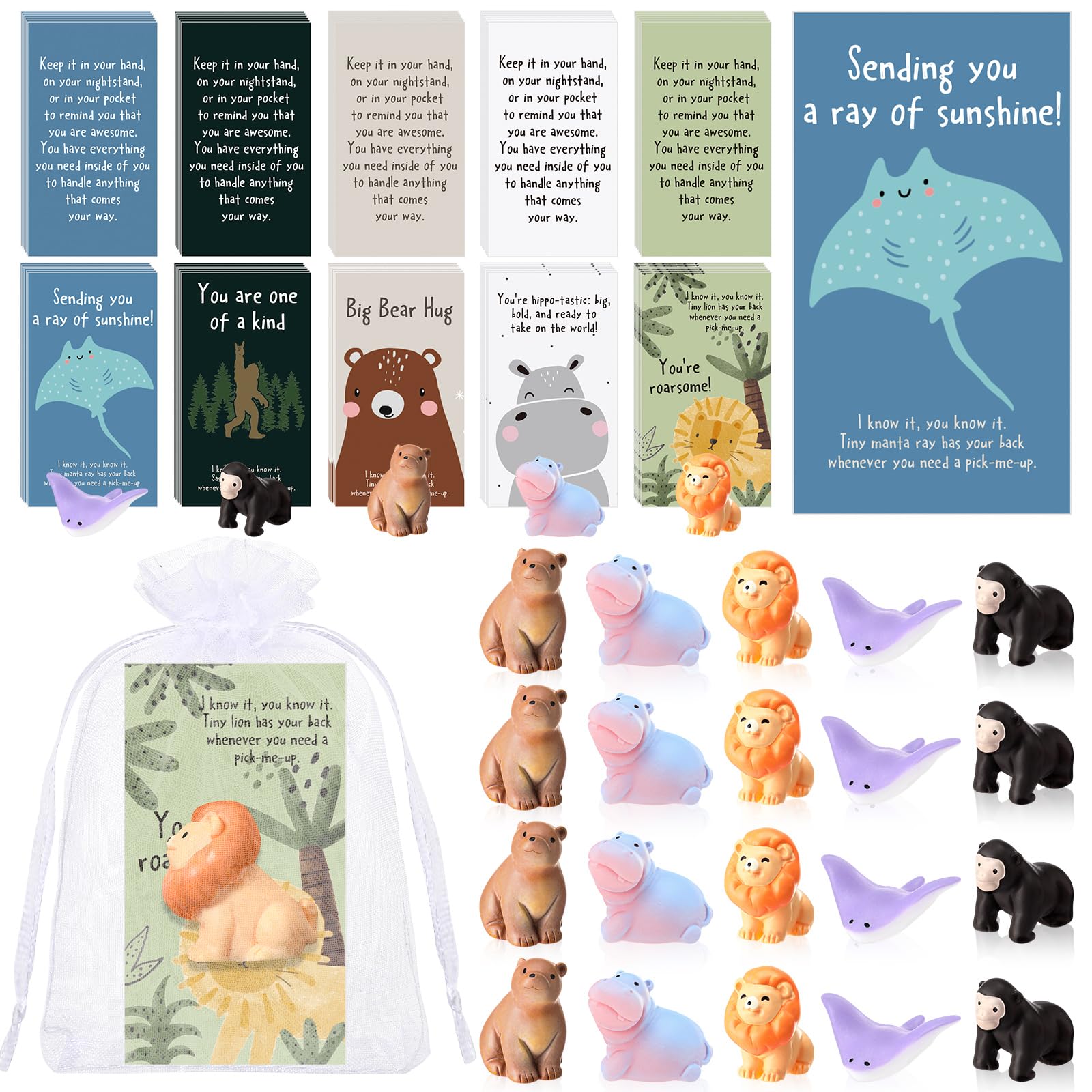 Fumete 25 Sets Desk Pets with Animal Pun Note Cards, Pocket Desk Animals for Office Coworkers and Students, Cute Mental Health Gifts, Classroom Prizes
