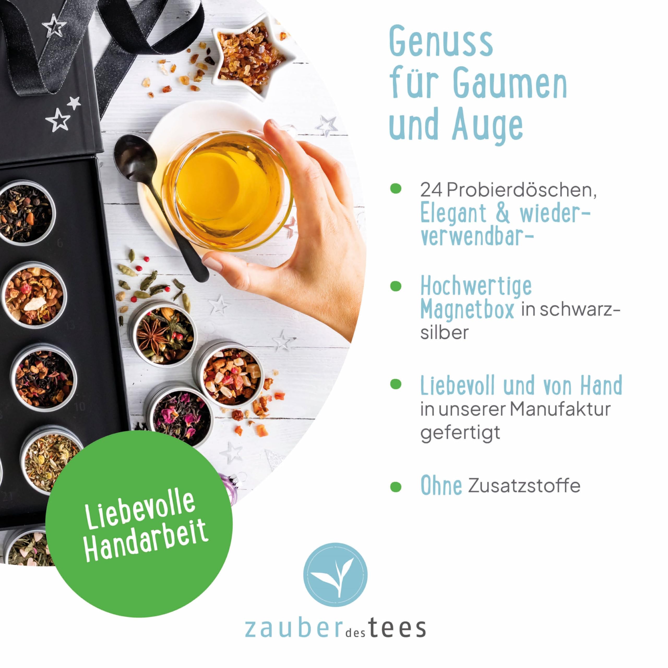 Zauber des Tees | Tee-Adventskalender 2025 | Weihnachtskalender mit 24 besonderen Tees, handgefertigt, in edler Magnet-Geschenkbox | Tee Geschenkset für Teeliebhaber