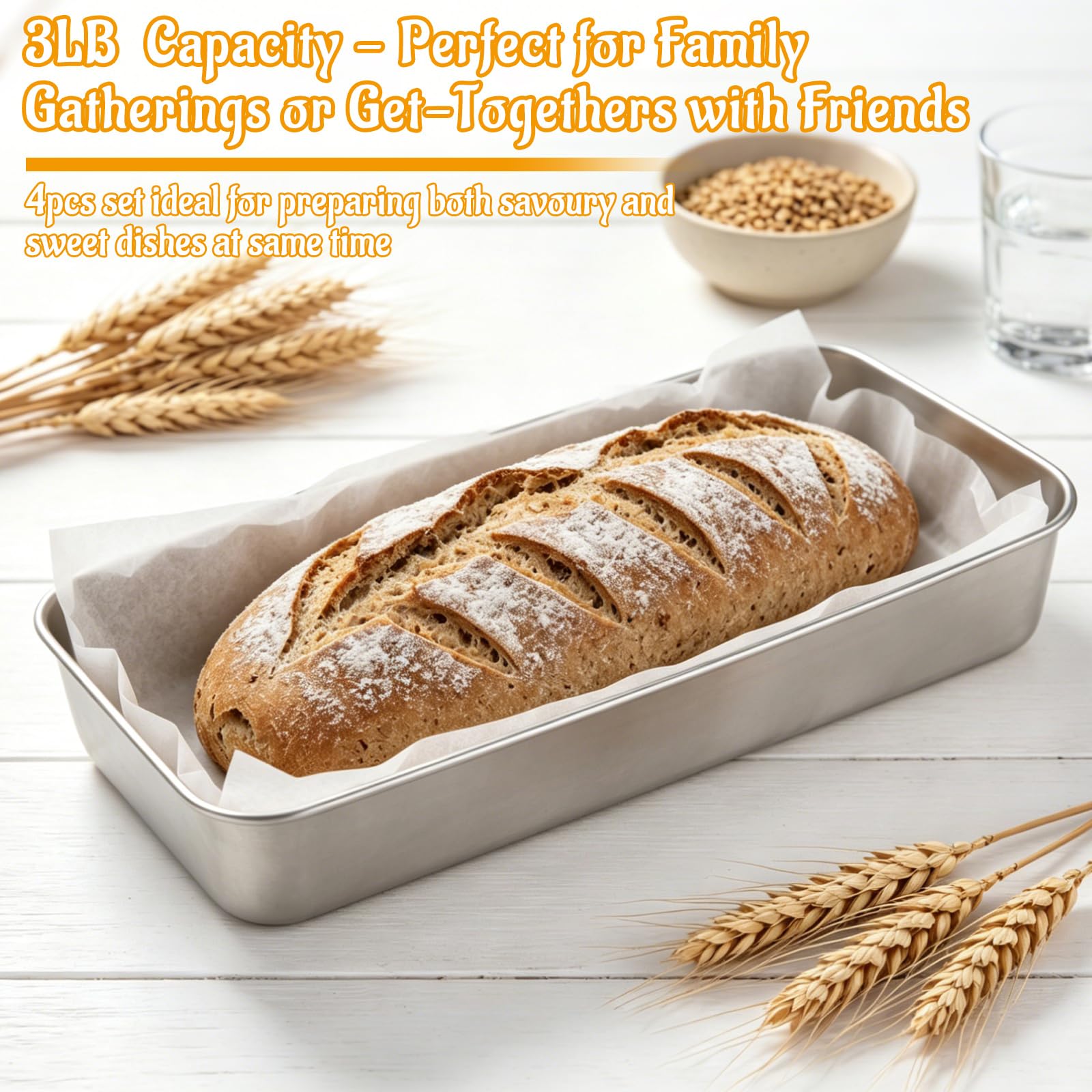 WOPPLXY 4 teglie rettangolari per pane, in acciaio inox, da 1,4 kg, 33 x 15 x 6,7 cm, per pane alla banana, pagnotte, polpettone, lasagne, argento lavabile in lavastoviglie