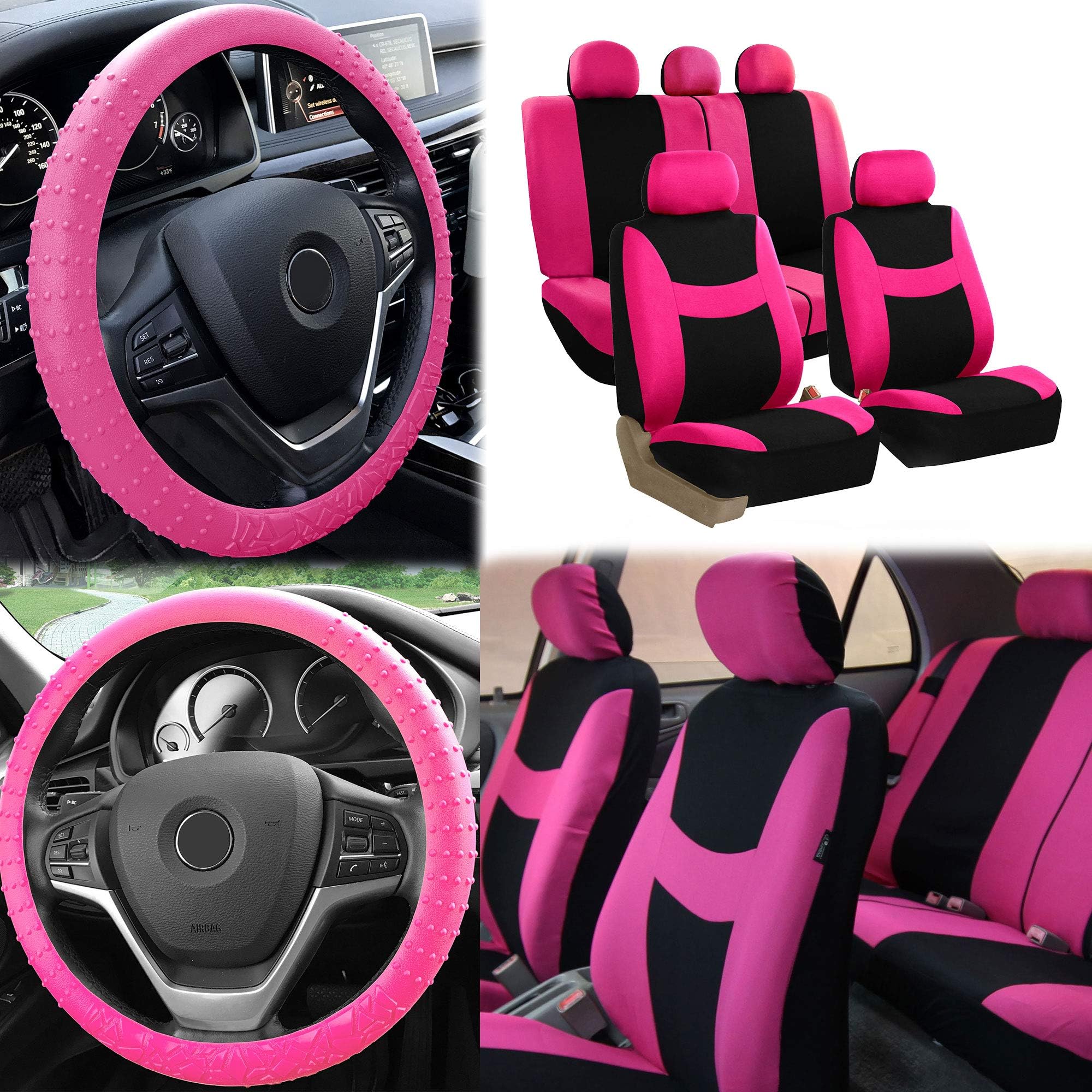 FH Group Fabric Full Set Seat Covers W Silicone Steering Wheel Cover Black Color Fit Most Car Truck Suv Or Van Universal Pink