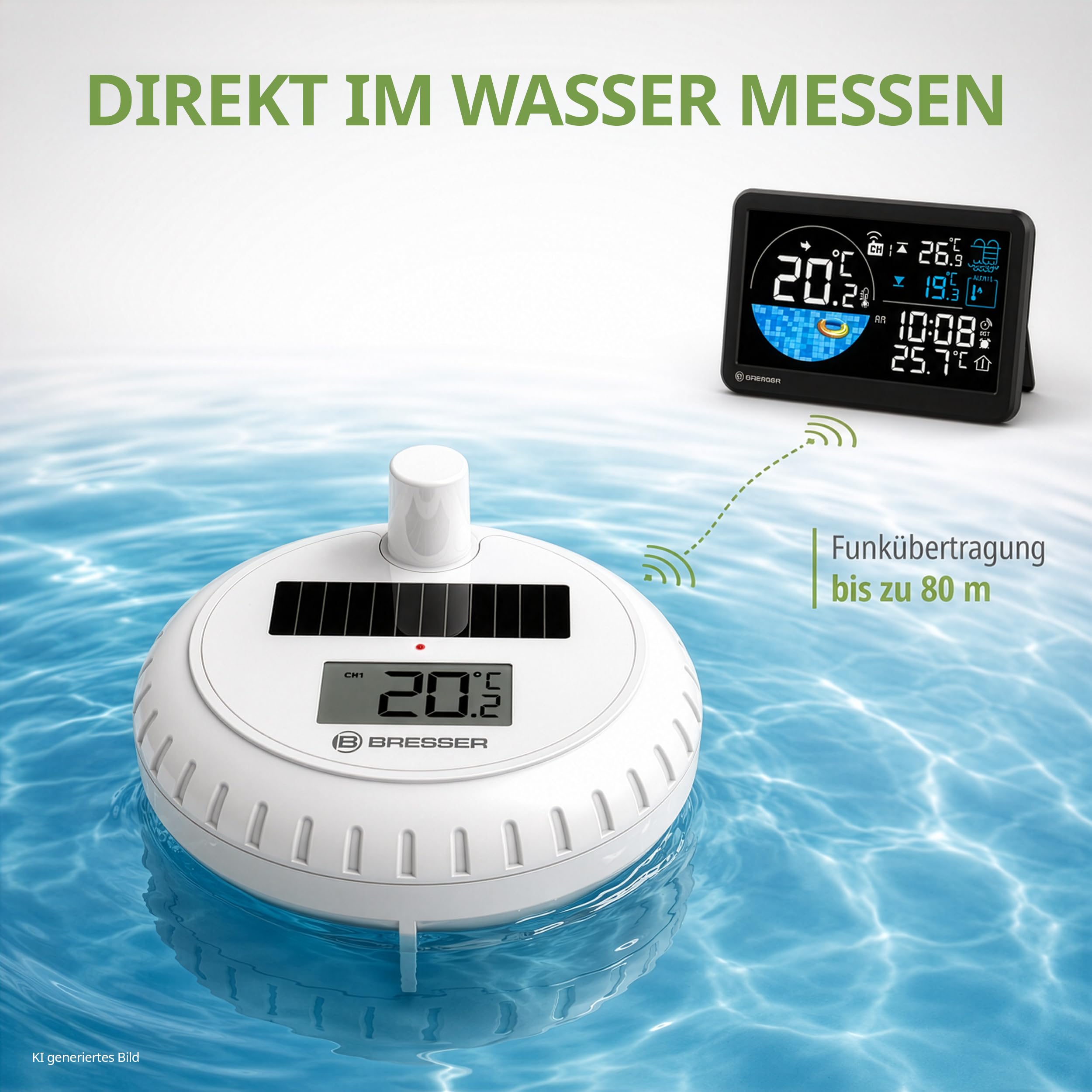 Termometro piscina wireless Bresser con pannello solare, temperatura acqua & stanza, allarme, orologio radio, IPX7